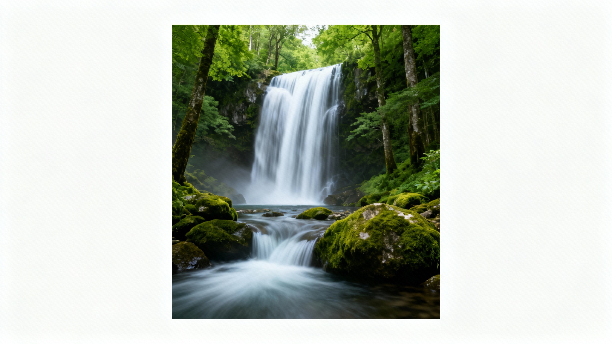 A mockup image illustrating the effect of adding motion to a photo. A still picture of a forest landscape shows a waterfall with its water flowing in a smooth, blurred motion, while the rest of the scene remains static and sharp.