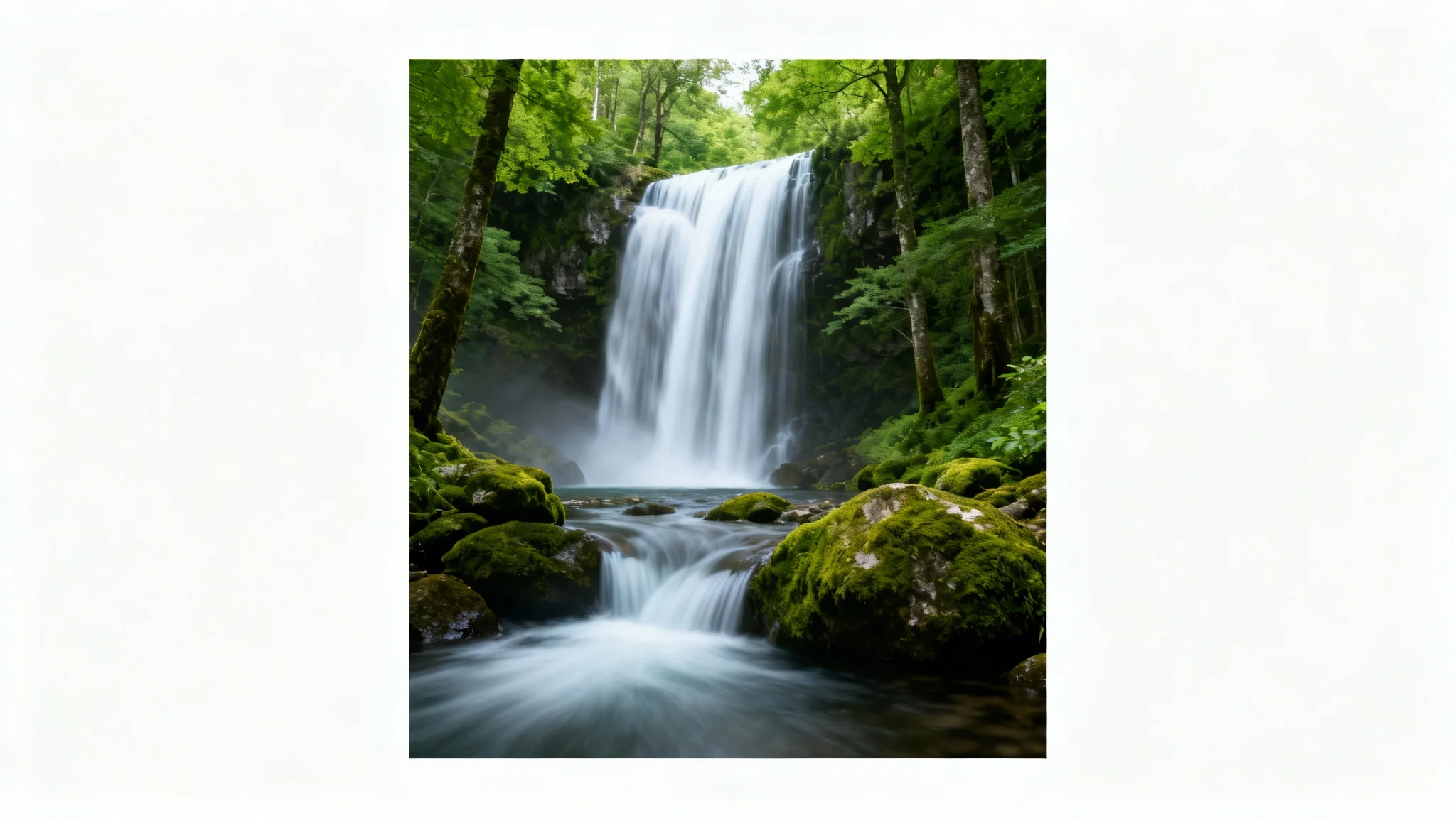 A mockup image illustrating the effect of adding motion to a photo. A still picture of a forest landscape shows a waterfall with its water flowing in a smooth, blurred motion, while the rest of the scene remains static and sharp.