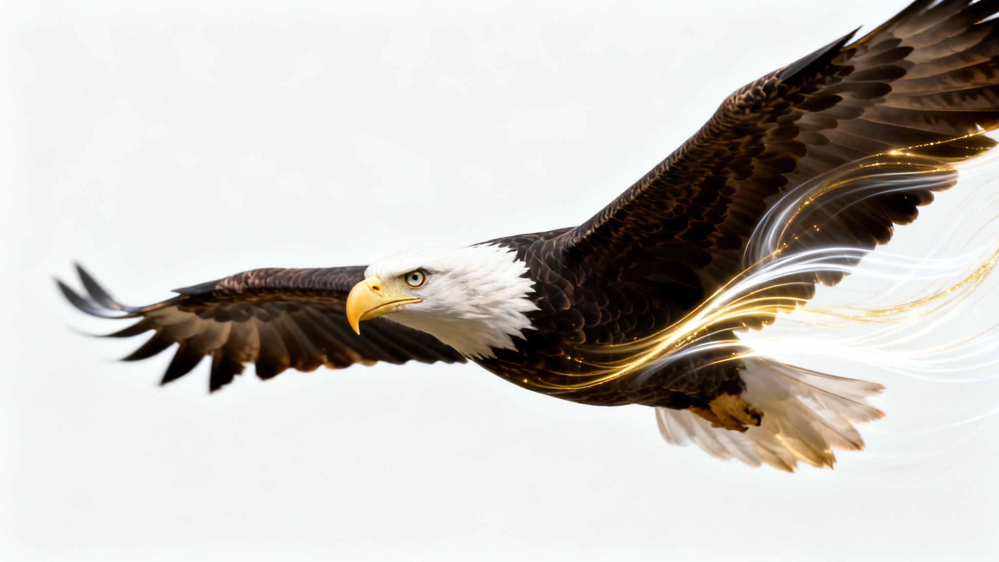 An artistic depiction of an eagle in flight, with its wings showing a motion blur effect and light trails to illustrate the concept of adding motion to an image, set against a white background.