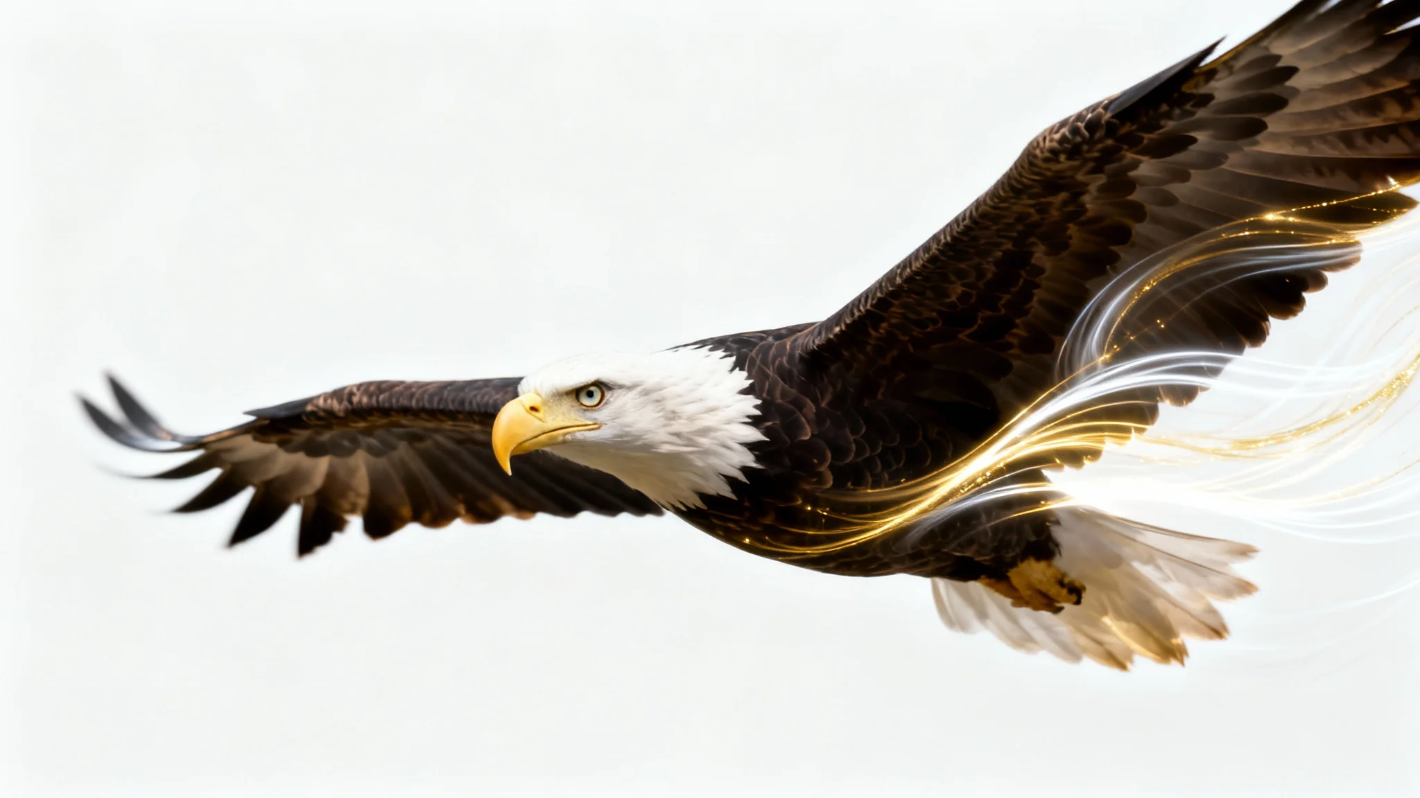 An artistic depiction of an eagle in flight, with its wings showing a motion blur effect and light trails to illustrate the concept of adding motion to an image, set against a white background.