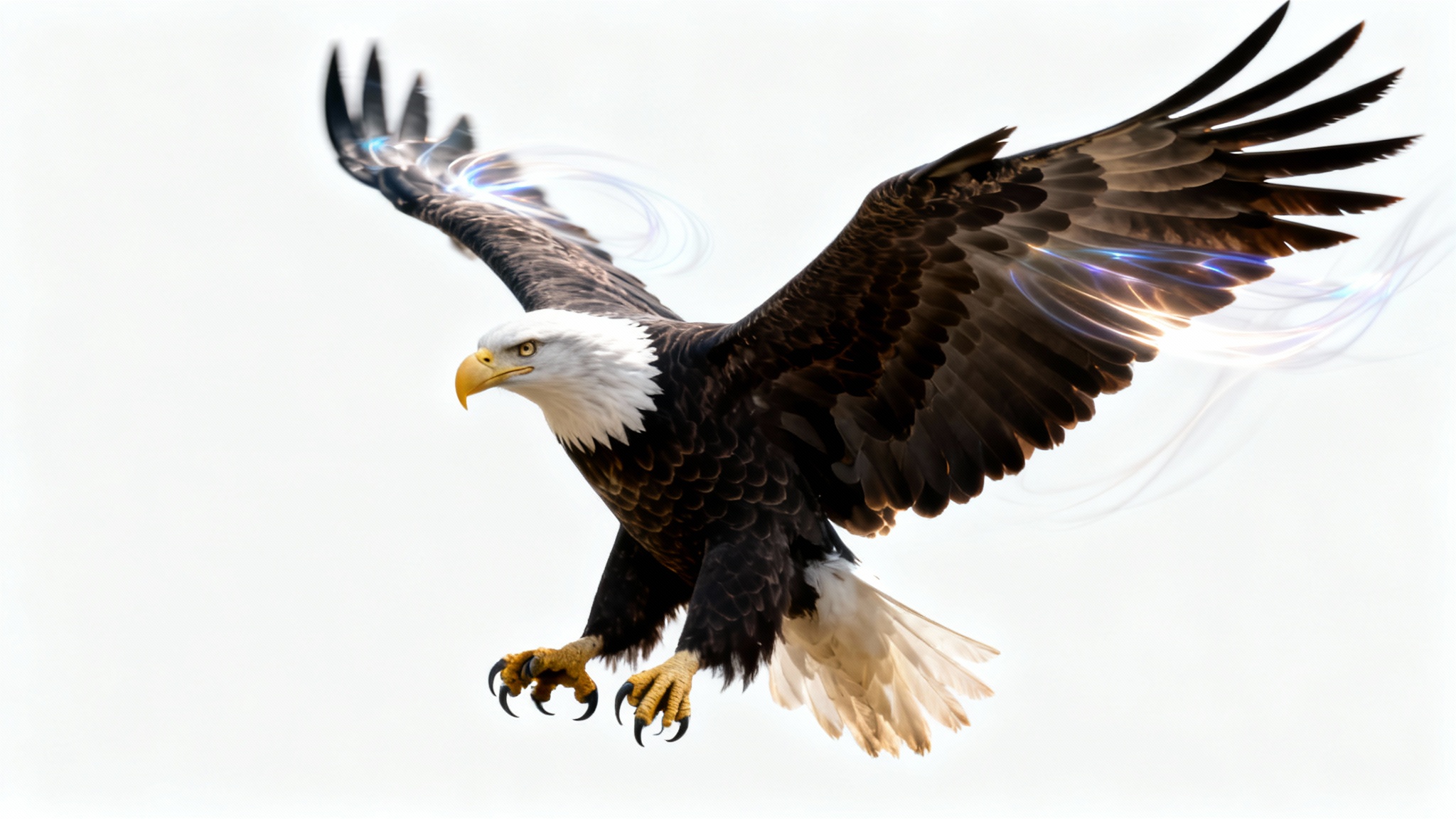 A photorealistic image of a bald eagle against a white background, where the eagle's body is in sharp focus but its wingtips are artistically blurred to signify added motion.