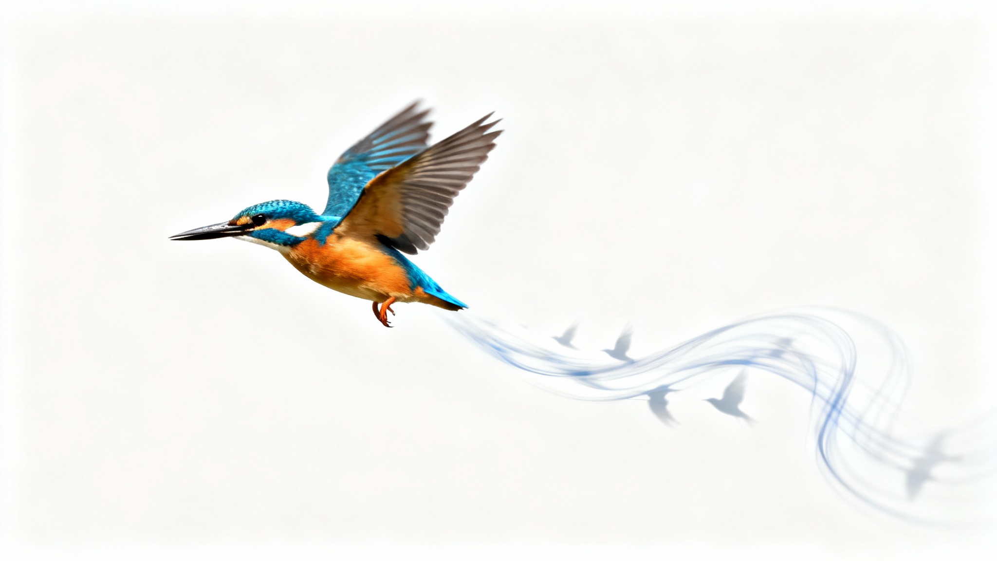 A photorealistic image of a kingfisher bird in mid-flight against a white background. The bird is in sharp focus, while a stylized motion blur trail of light and faded copies of the bird illustrates its movement.