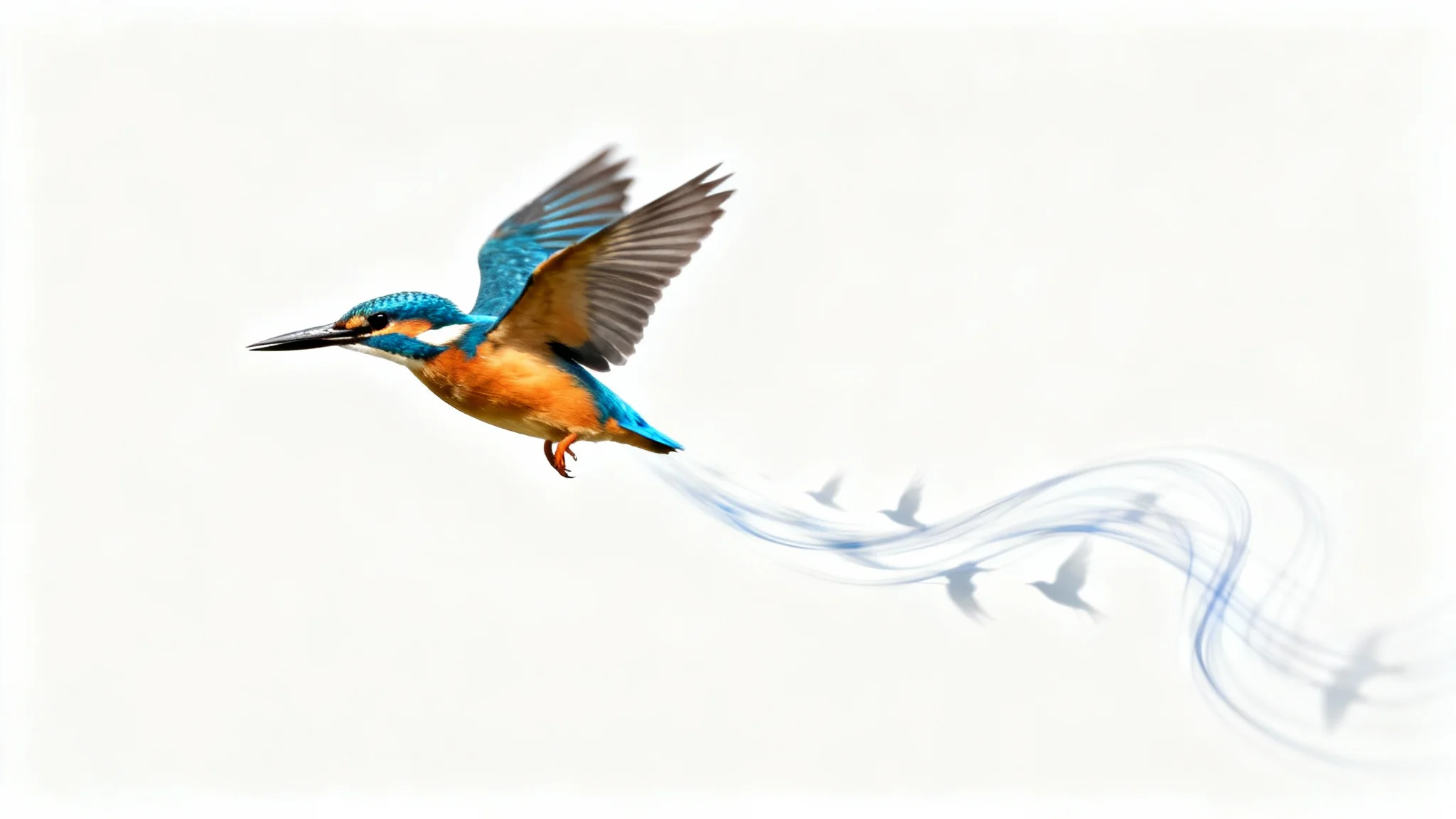 A photorealistic image of a kingfisher bird in mid-flight against a white background. The bird is in sharp focus, while a stylized motion blur trail of light and faded copies of the bird illustrates its movement.