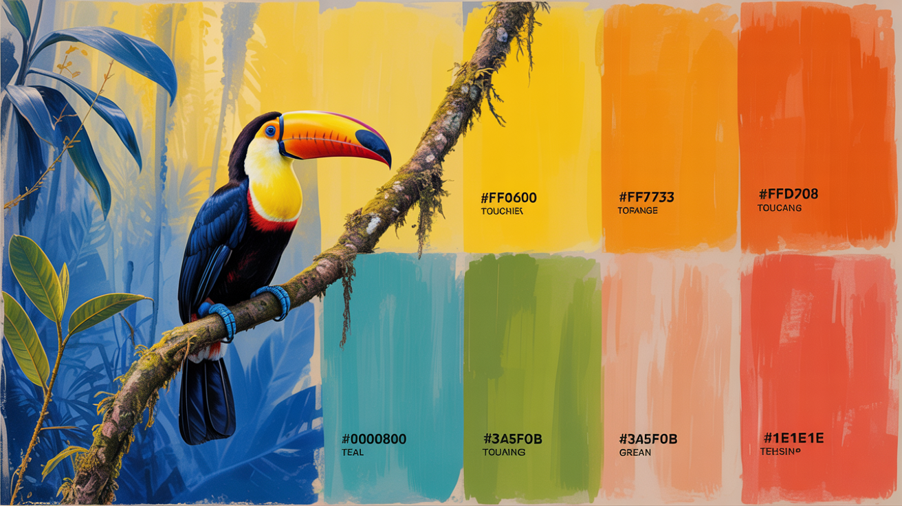 A demonstration of a hex color extractor tool, showing a photo of a colorful toucan next to a five-color palette with hex codes derived from the bird and its surroundings.