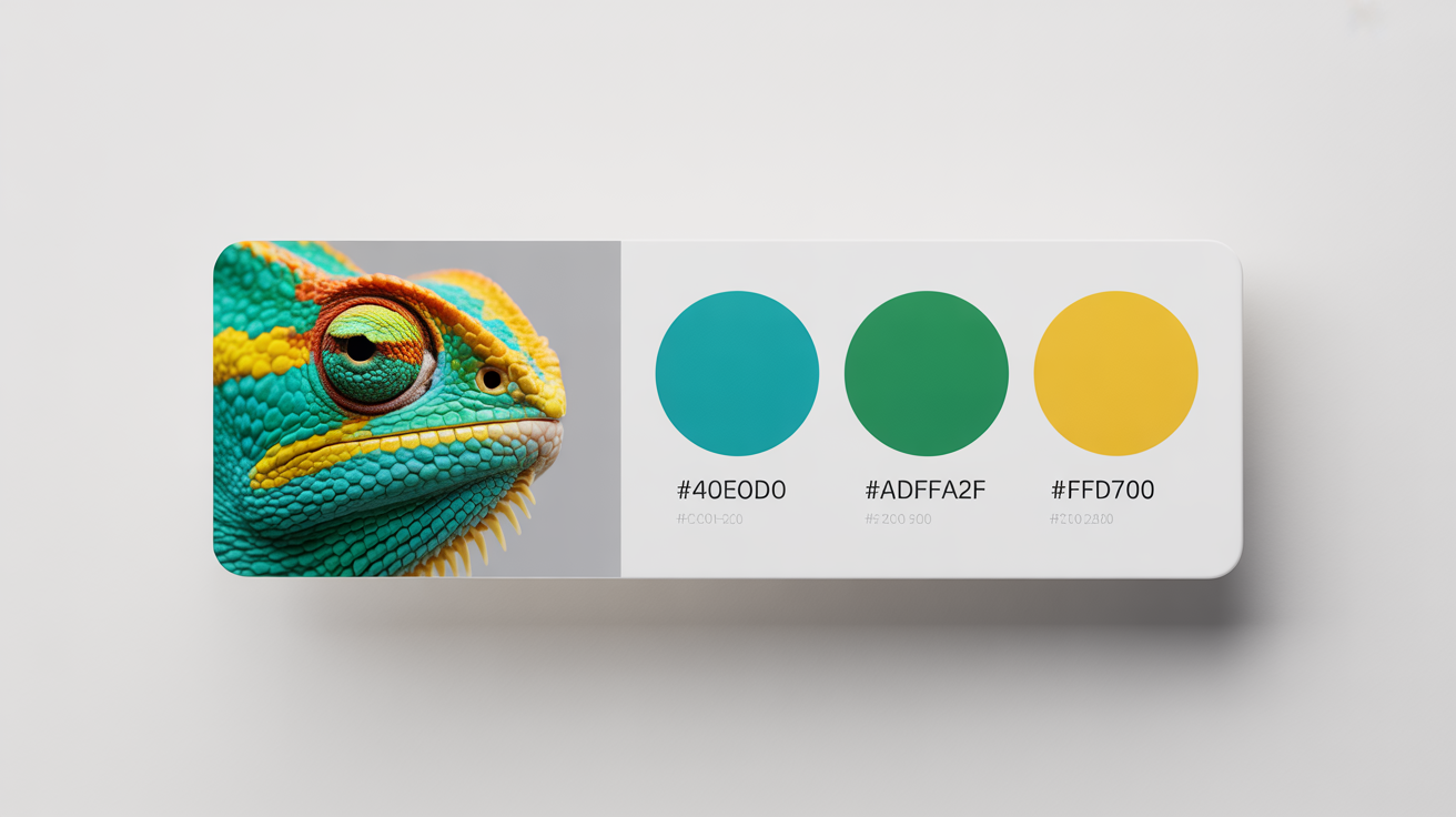 A conceptual mockup for a hex color extractor, showing a macro photo of a colorful chameleon's eye on the left and a corresponding palette of four circular color swatches with their hex codes on the right.