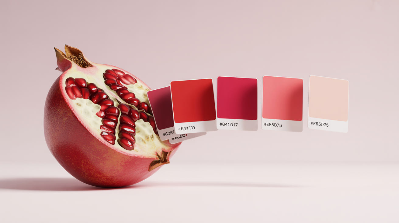 A photorealistic image of a split-open pomegranate on a white background, with a palette of color swatches ranging from deep red to pink floating beside it, each with a hex code, illustrating a hex color extractor.