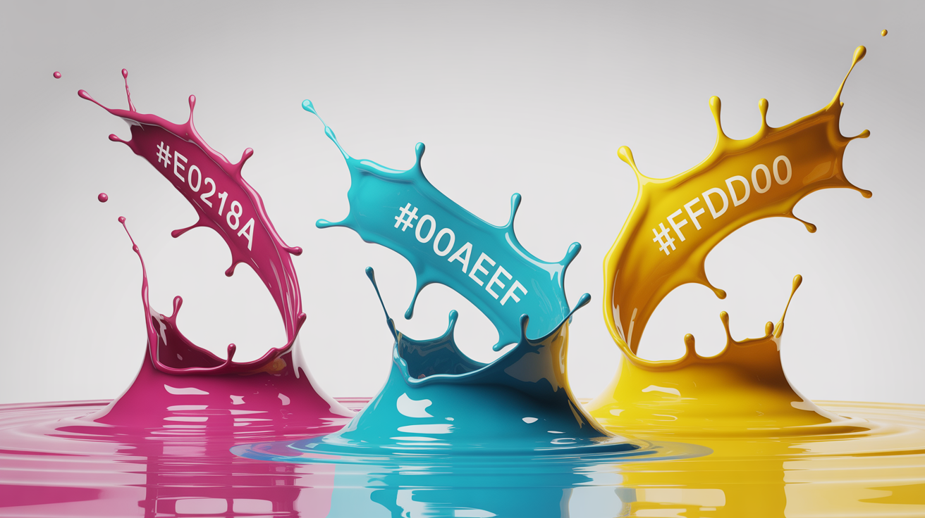 An abstract image representing a hex color extractor. Three dynamic splashes of liquid paint, magenta, cyan, and yellow, are frozen in mid-air against a white background. Next to each color splash floats its corresponding hex code.