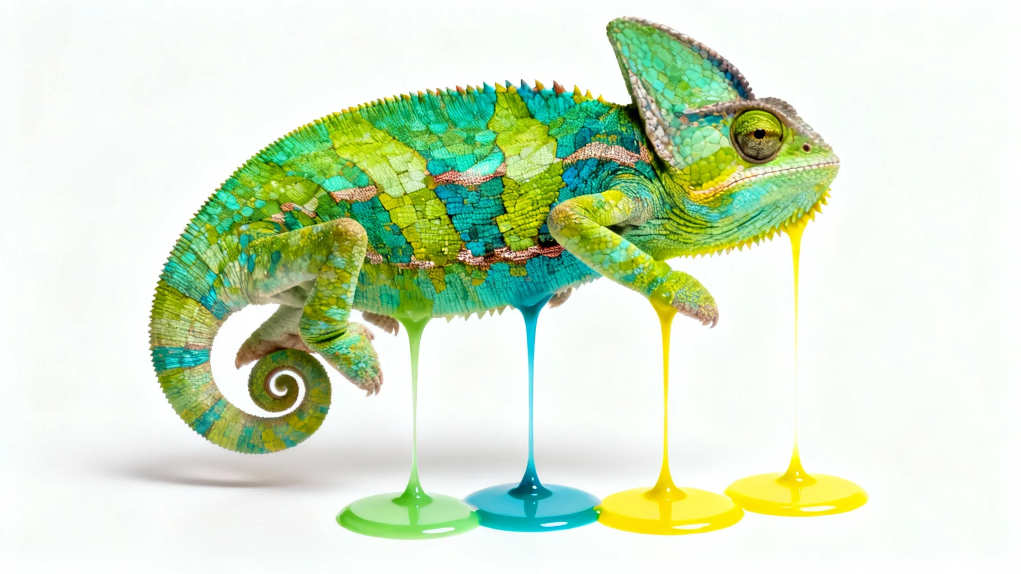 An ultra-realistic image of a colorful chameleon on a white background. Streams of color are being pulled from its skin, forming perfect circular color swatches to its side, visually representing a hex color extractor.