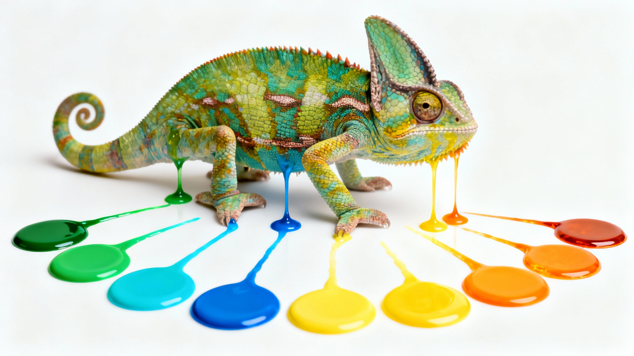A colorful chameleon on a white background, with streams of primary colors like blue, green, yellow, and orange flowing from its body into circular color swatches, representing a hex color extractor.