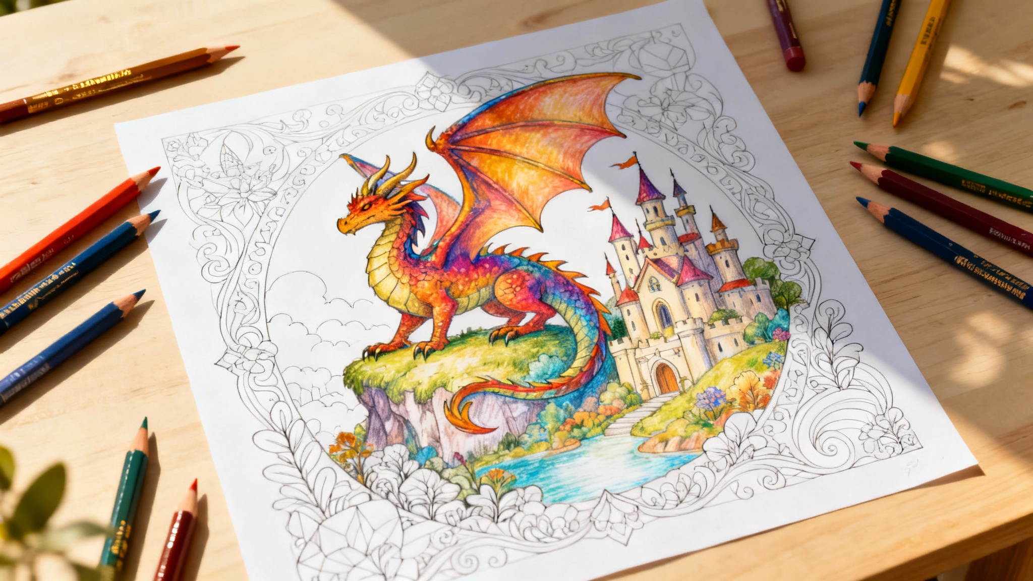 A top-down view of a partially colored-in coloring page depicting a dragon and castle, with vibrant colored pencils lying next to it on a wooden desk.