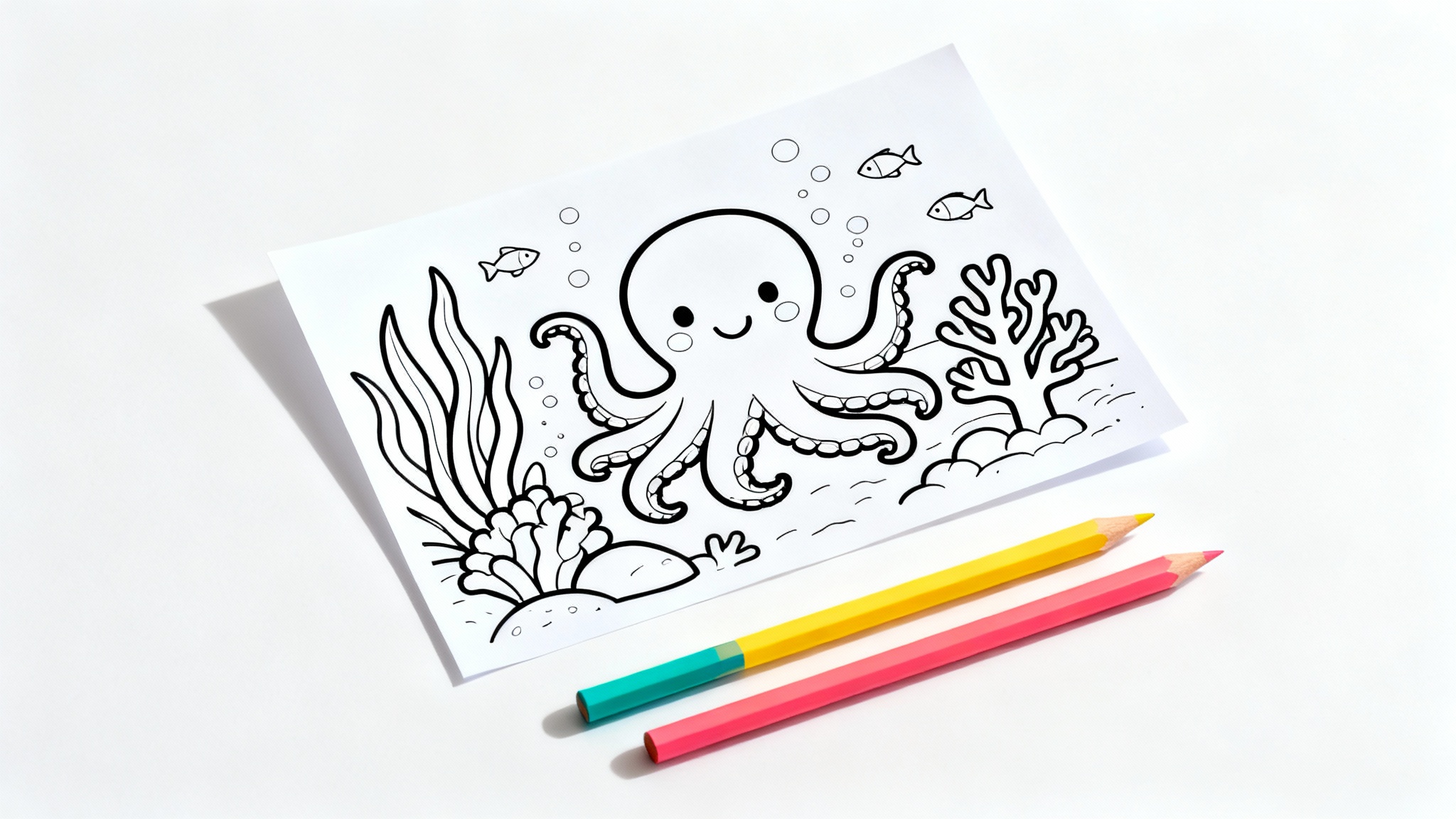 A black and white coloring page mockup featuring an intricate line drawing of an octopus in a coral reef, with three colored pencils lying next to it on a white surface.