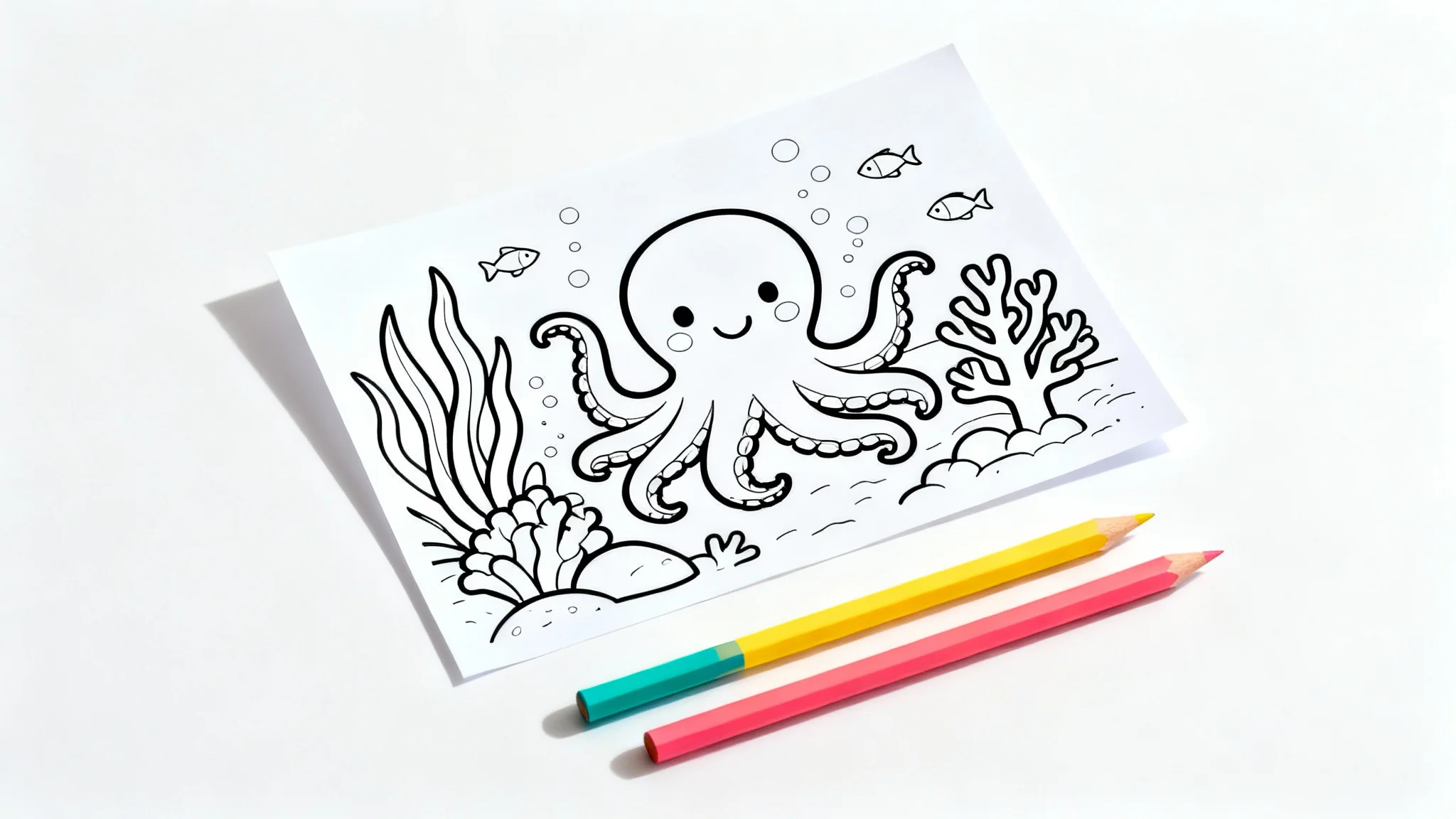 A black and white coloring page mockup featuring an intricate line drawing of an octopus in a coral reef, with three colored pencils lying next to it on a white surface.