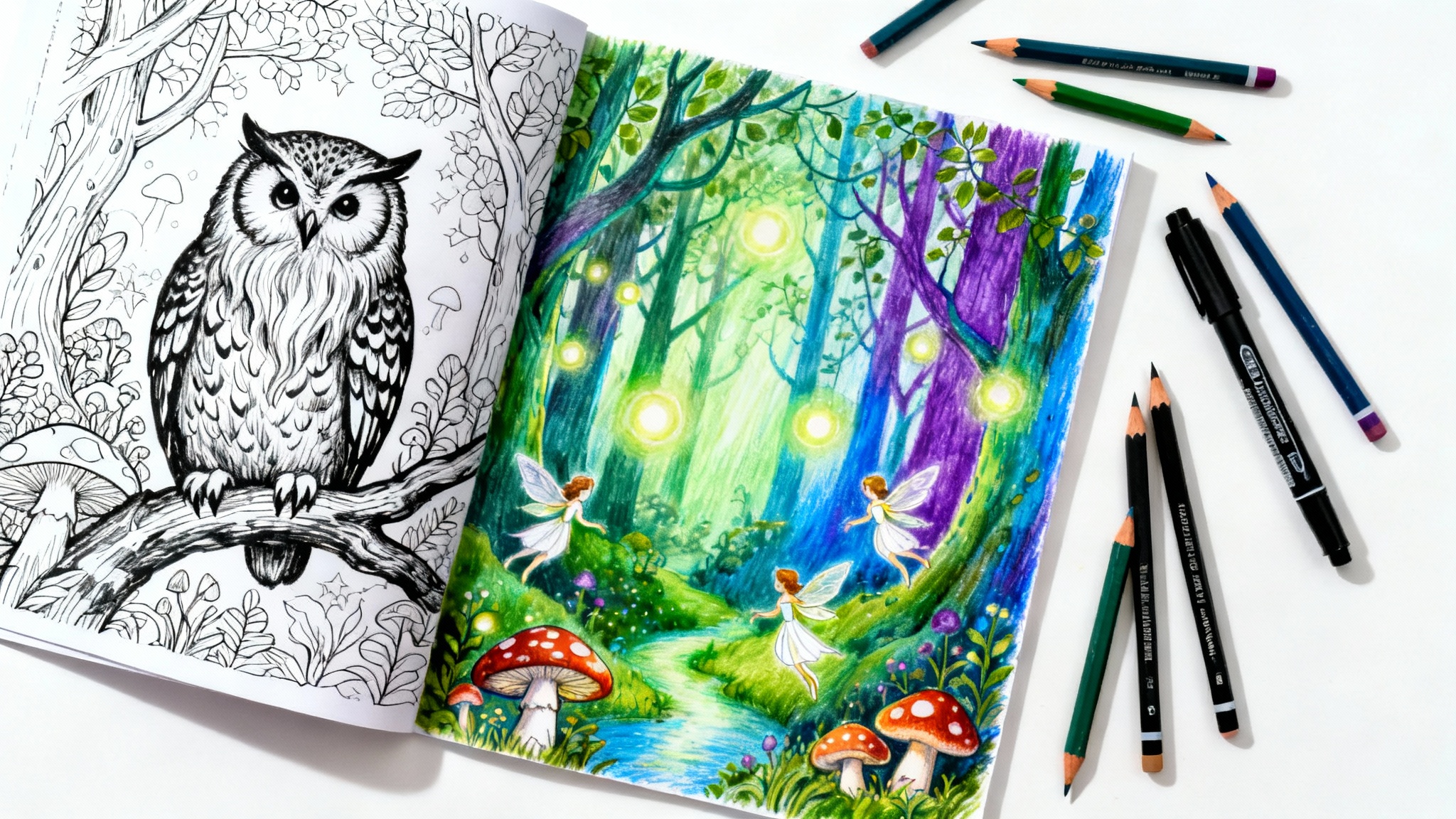 A partially colored-in coloring page depicting an enchanted forest scene, with colored pencils lying next to it on a white background.