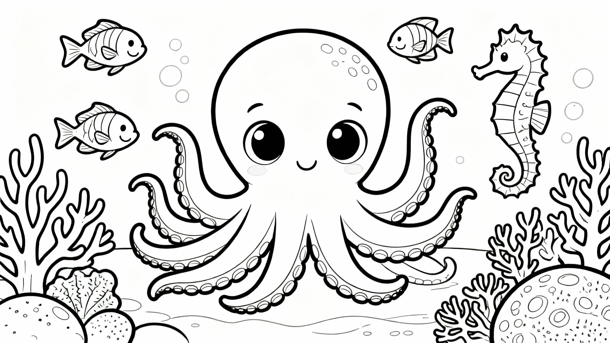 A black and white line art coloring page of a whimsical underwater scene, featuring a friendly octopus, fish, and a seahorse, ready to be colored.