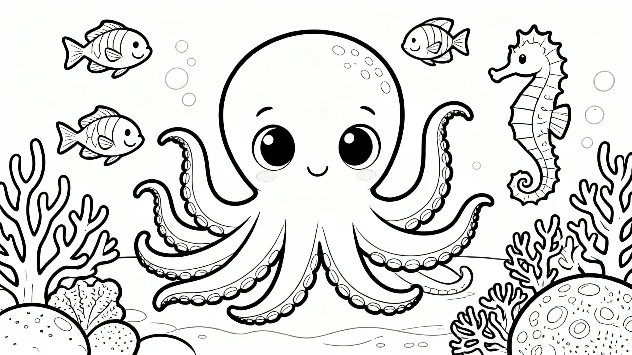 A black and white line art coloring page of a whimsical underwater scene, featuring a friendly octopus, fish, and a seahorse, ready to be colored.
