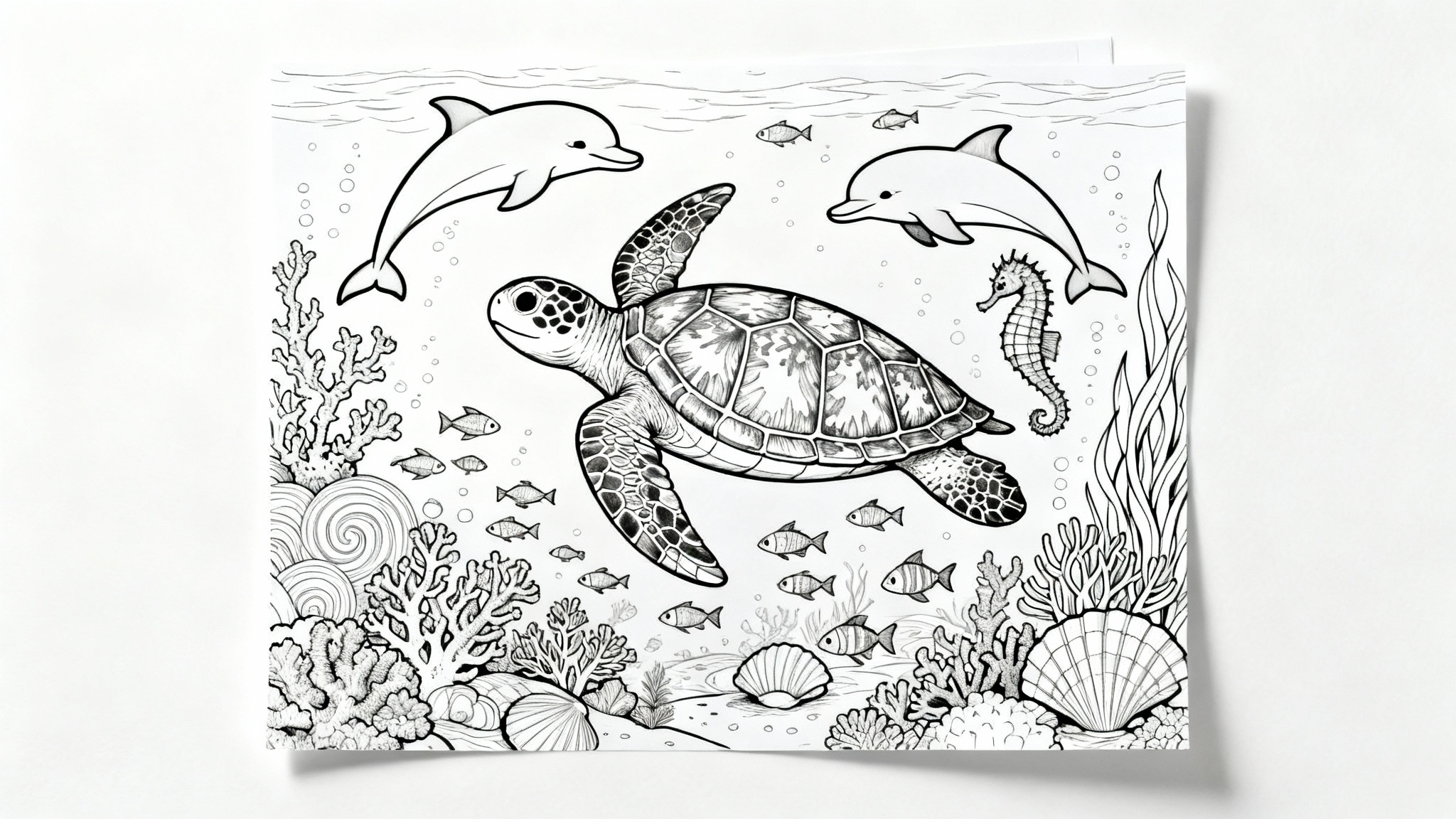 A black and white line art coloring page mockup featuring a detailed underwater scene with a sea turtle, dolphins, and coral, on a clean white background.