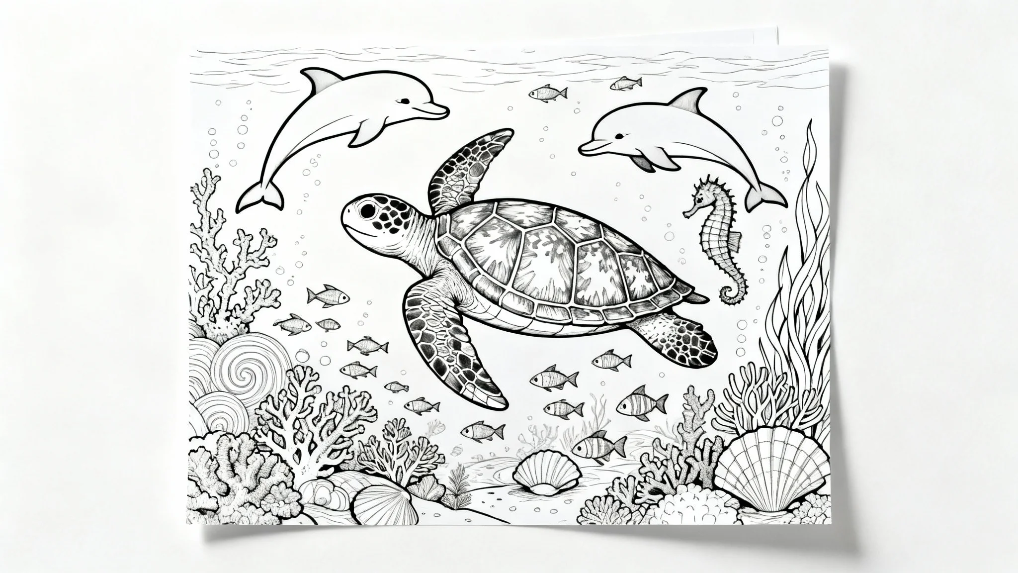 A black and white line art coloring page mockup featuring a detailed underwater scene with a sea turtle, dolphins, and coral, on a clean white background.