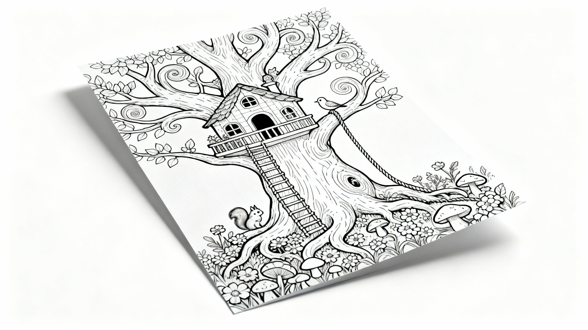 A black and white line art coloring page depicting a detailed treehouse scene with forest creatures, flowers, and mushrooms, ready to be colored in.
