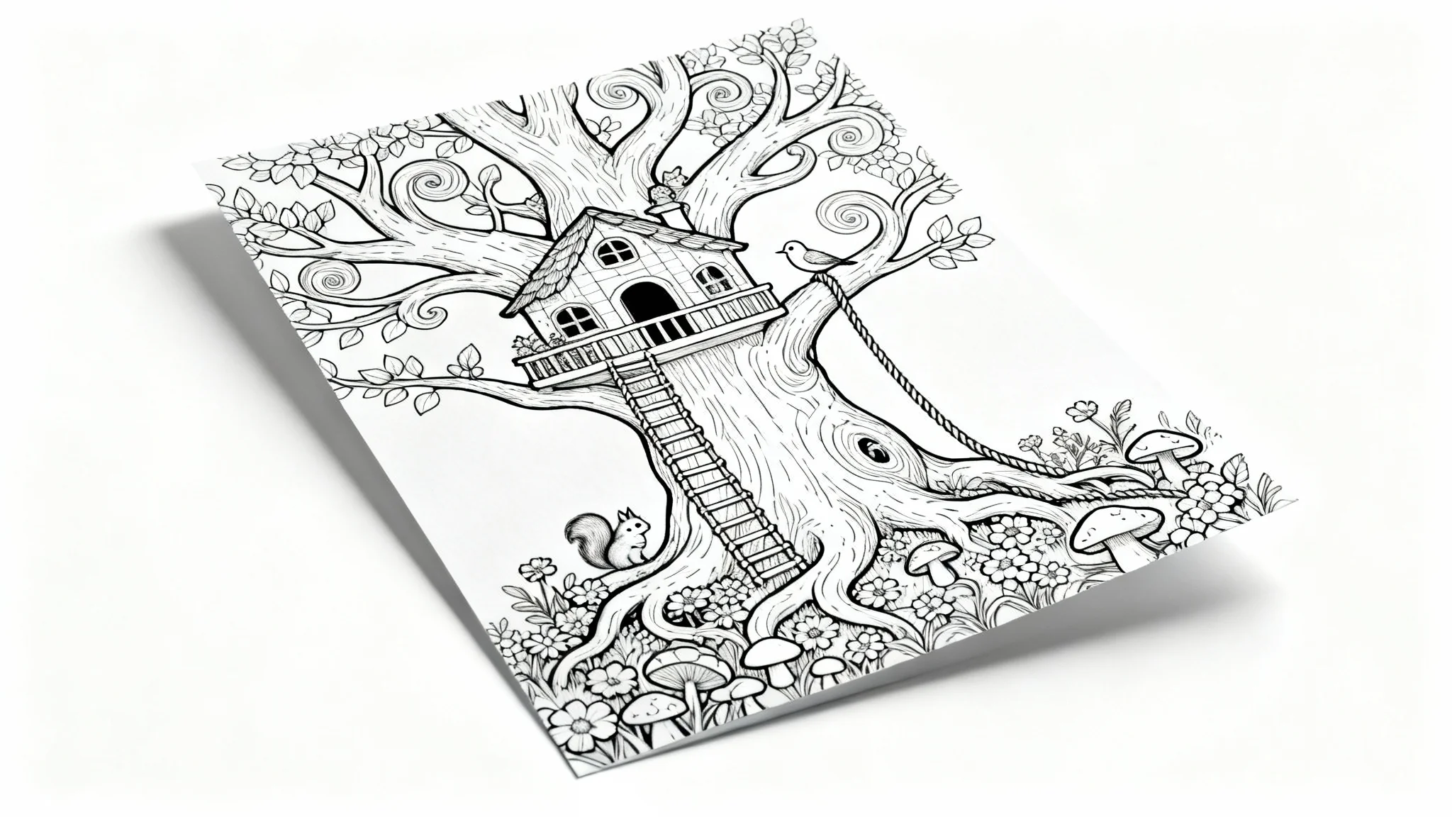 A black and white line art coloring page depicting a detailed treehouse scene with forest creatures, flowers, and mushrooms, ready to be colored in.
