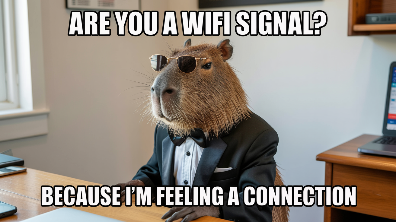 A final result of a 'rizz meme' created with a design tool, featuring a cool capybara in a tuxedo and sunglasses winking, with the caption 'ARE YOU A WIFI SIGNAL? BECAUSE I'M FEELING A CONNECTION'.