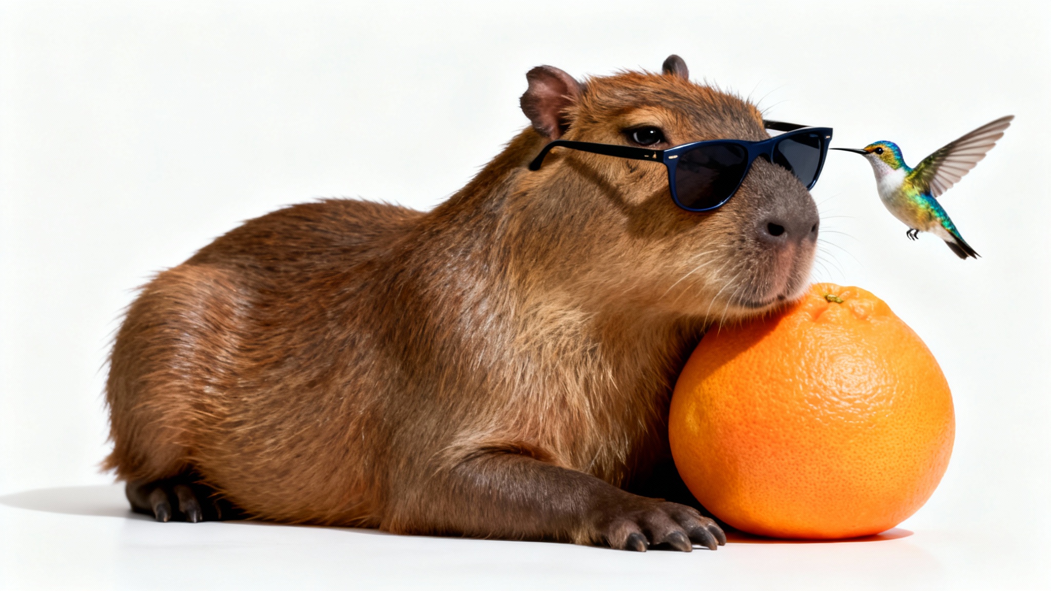 A humorous, photorealistic mockup of a 'rizz meme' featuring a suave capybara wearing sunglasses and leaning on a pomelo against a white background, with a hummingbird hovering nearby.