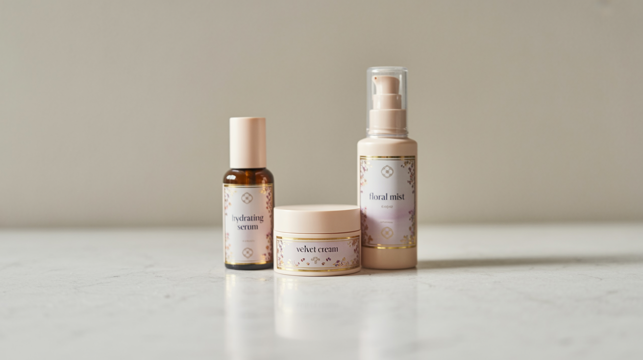 A lineup of luxury cosmetic products, including a serum, cream, and lotion, all featuring matching, professionally designed labels with pastel florals and gold foil text, arranged on a marble surface.