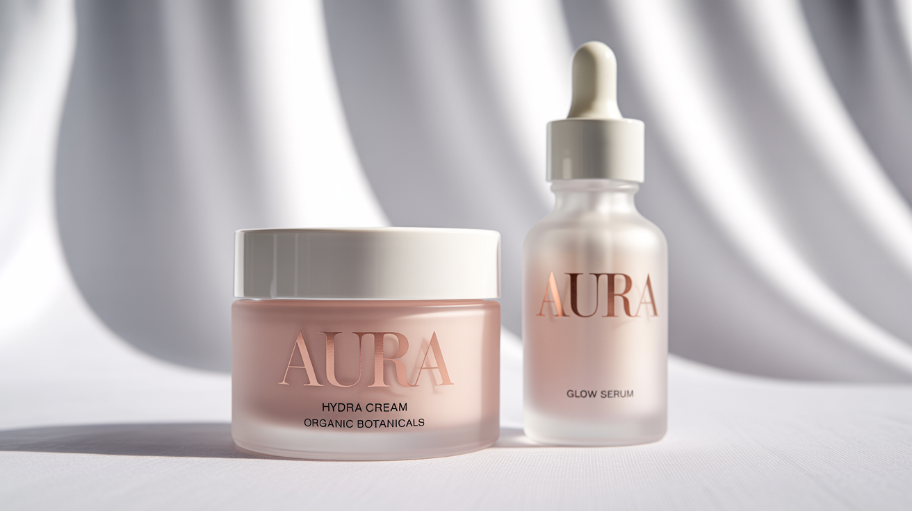 A photorealistic mockup of a luxury cosmetic line, featuring a cream jar and a serum bottle with elegant, minimalist labels branded 'AURA' against a clean white background.