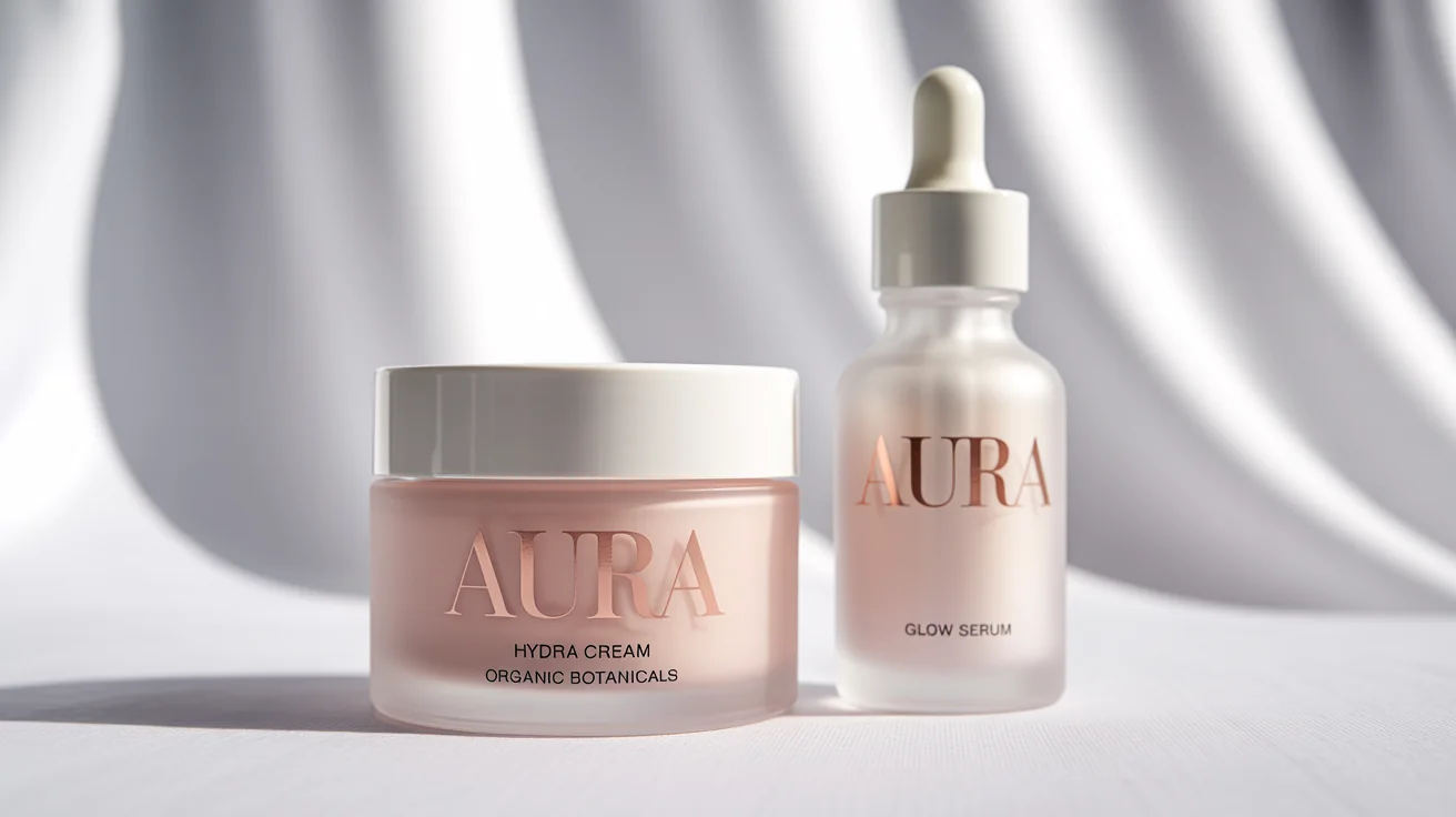 A photorealistic mockup of a luxury cosmetic line, featuring a cream jar and a serum bottle with elegant, minimalist labels branded 'AURA' against a clean white background.