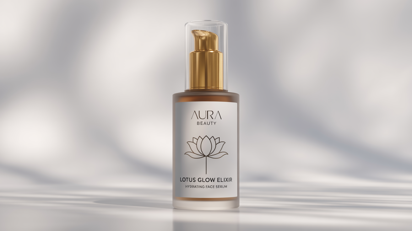 A photorealistic mockup of a luxury cosmetic serum bottle with a frosted glass finish and a gold pump, featuring an elegant label design for 'AURA BEAUTY's Lotus Glow Elixir', set against a plain white background.