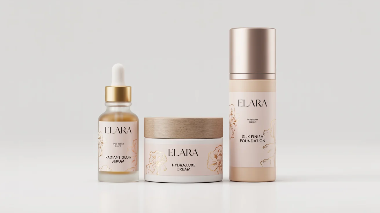 A studio-lit mockup of three luxury cosmetic products—a serum, a cream, and a foundation—featuring elegant pastel pink and gold foil labels with the brand name 'Elara', all set against a plain white background.