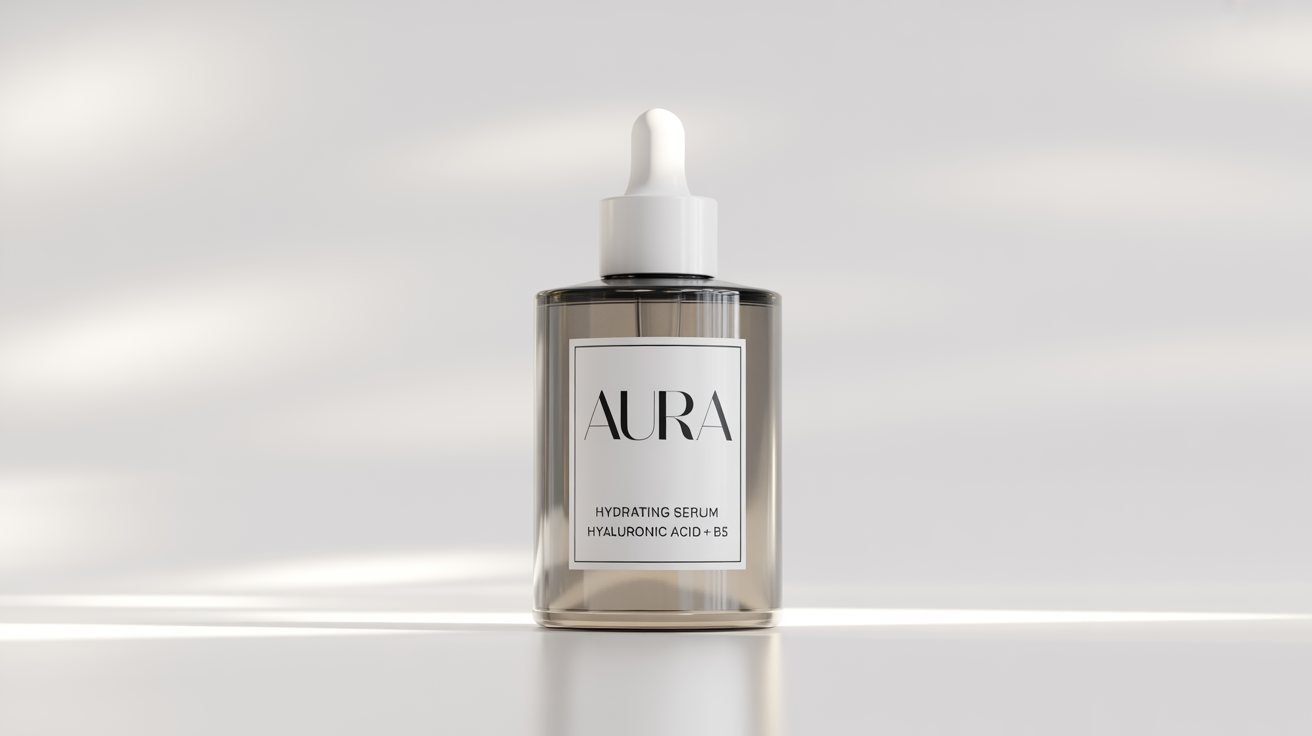 A photorealistic mockup of a clear glass cosmetic serum bottle with a white dropper, featuring a minimalist label that reads 'AURA HYDRATING SERUM', set against a clean white background.