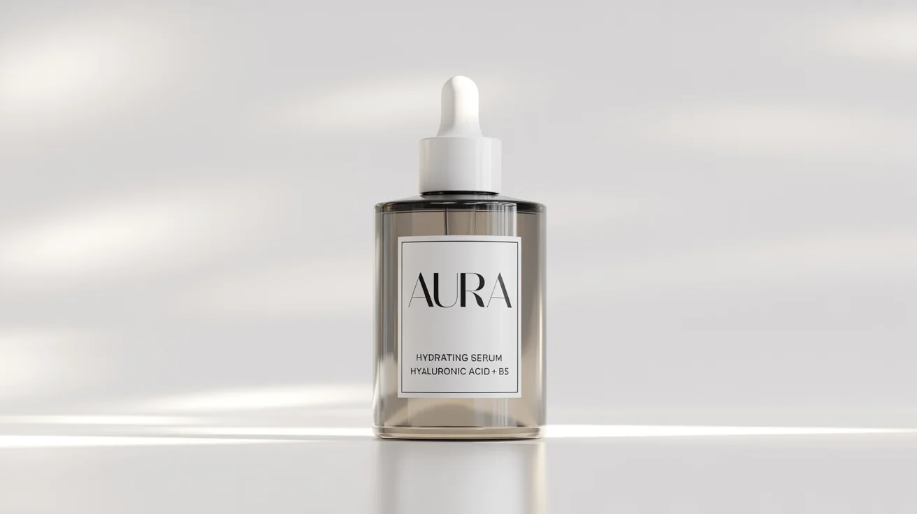 A photorealistic mockup of a clear glass cosmetic serum bottle with a white dropper, featuring a minimalist label that reads 'AURA HYDRATING SERUM', set against a clean white background.