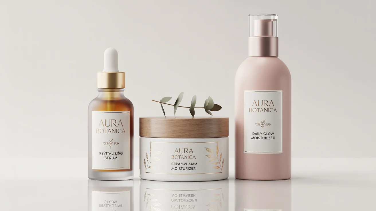 A professional product shot of a luxury cosmetic line named 'AURA BOTANICA', including a serum and moisturizer, displayed against a clean white background, showcasing their elegant and minimalist label design.