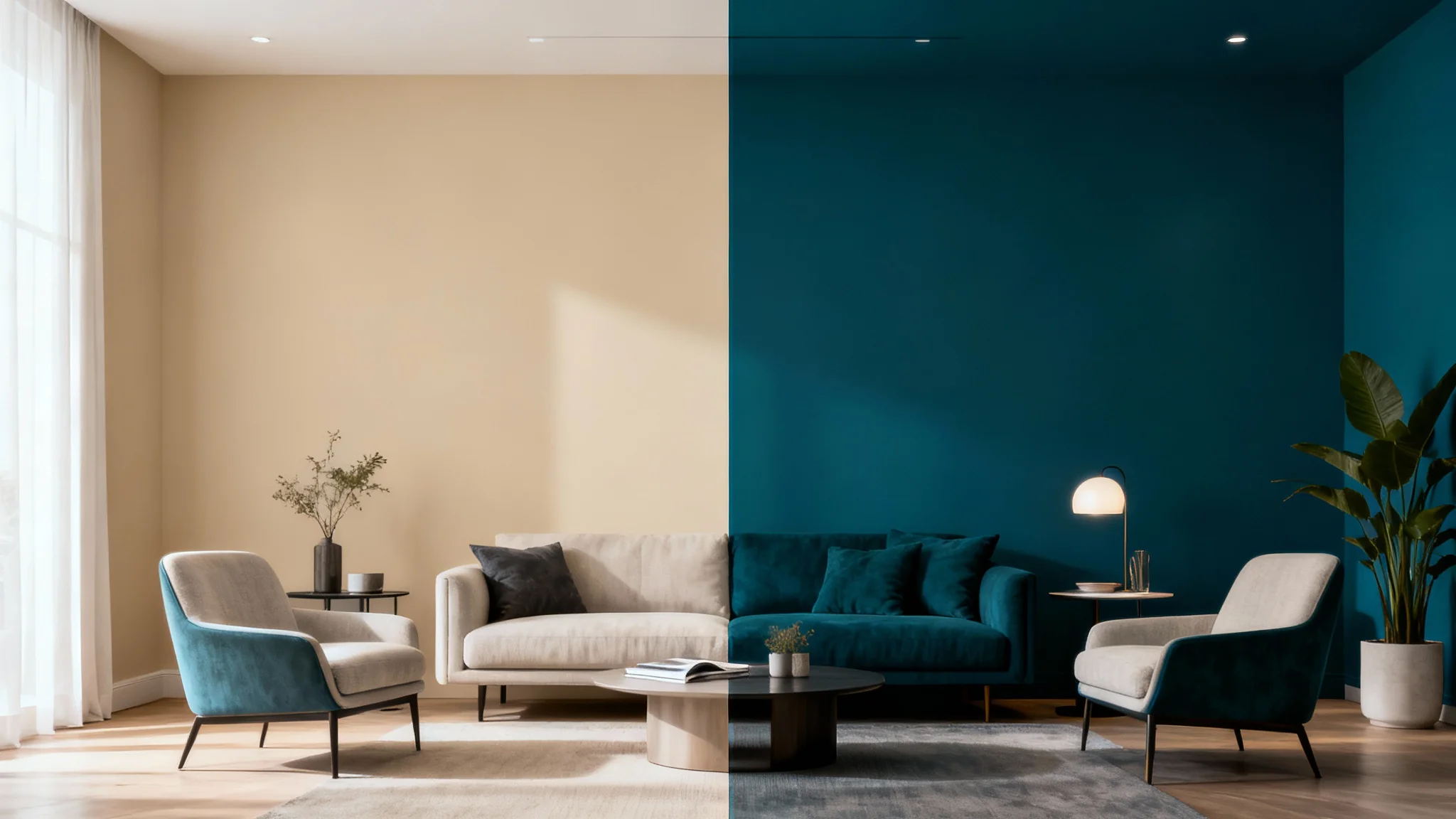 A modern living room with the main wall split into two colors; one half is beige and the other half is a deep teal blue, demonstrating a room paint visualizer tool.