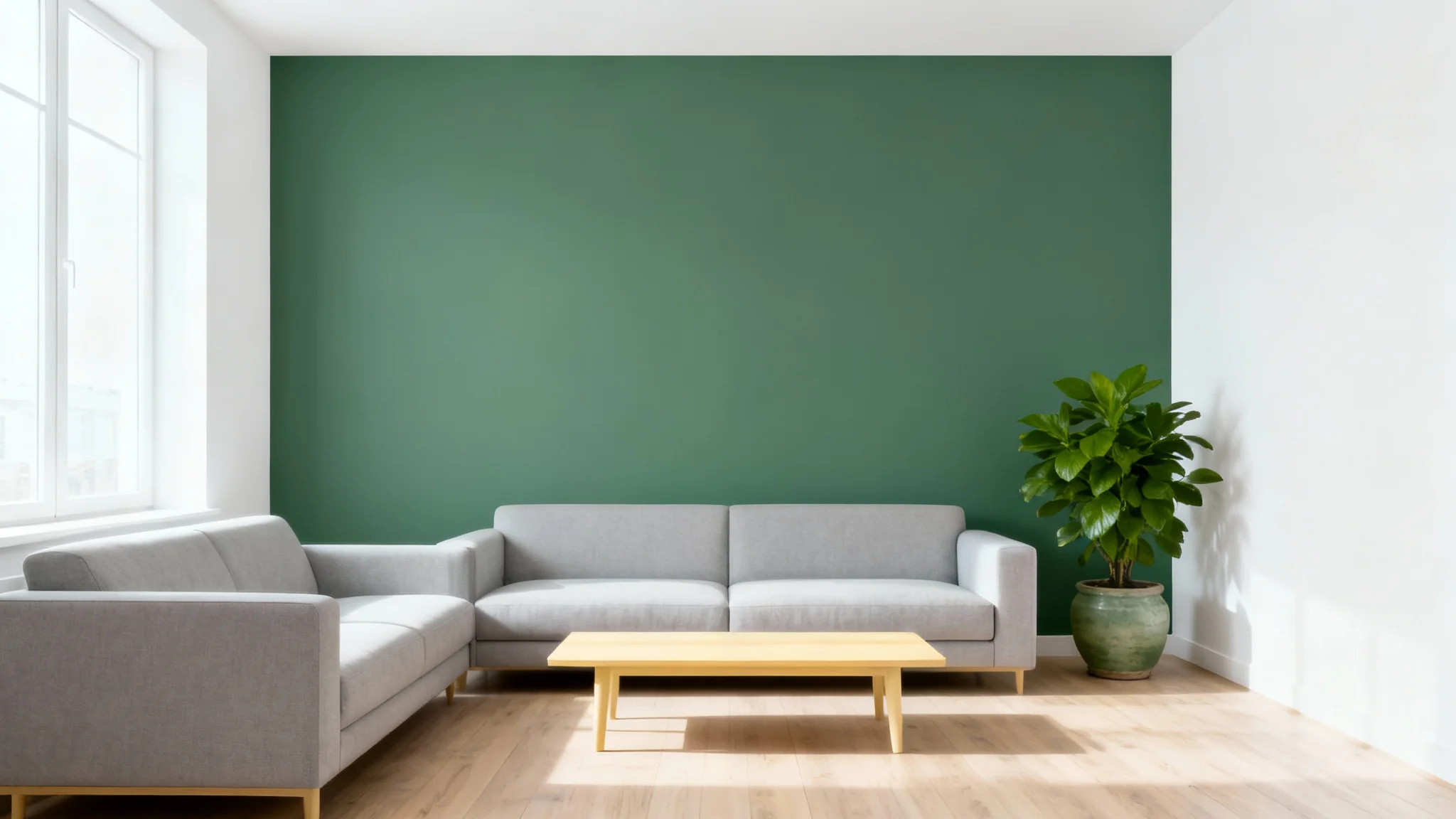 A sunlit, modern living room featuring a stylish sage green accent wall, complemented by minimalist furniture and a clean, bright aesthetic.