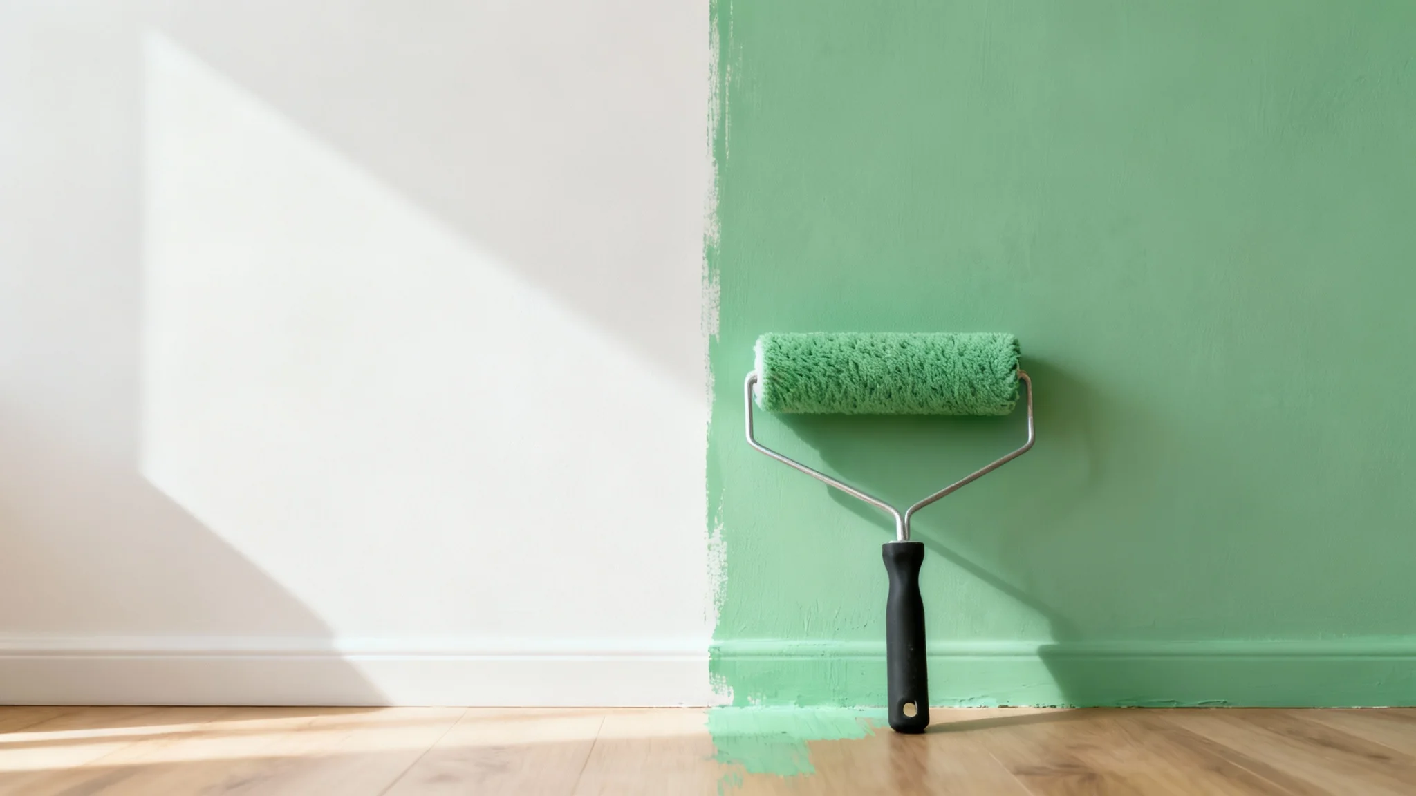 A close-up of a living room wall being painted, showing a stark contrast between the old off-white paint and the new, vibrant sage green paint, with a paint roller resting on the wall.