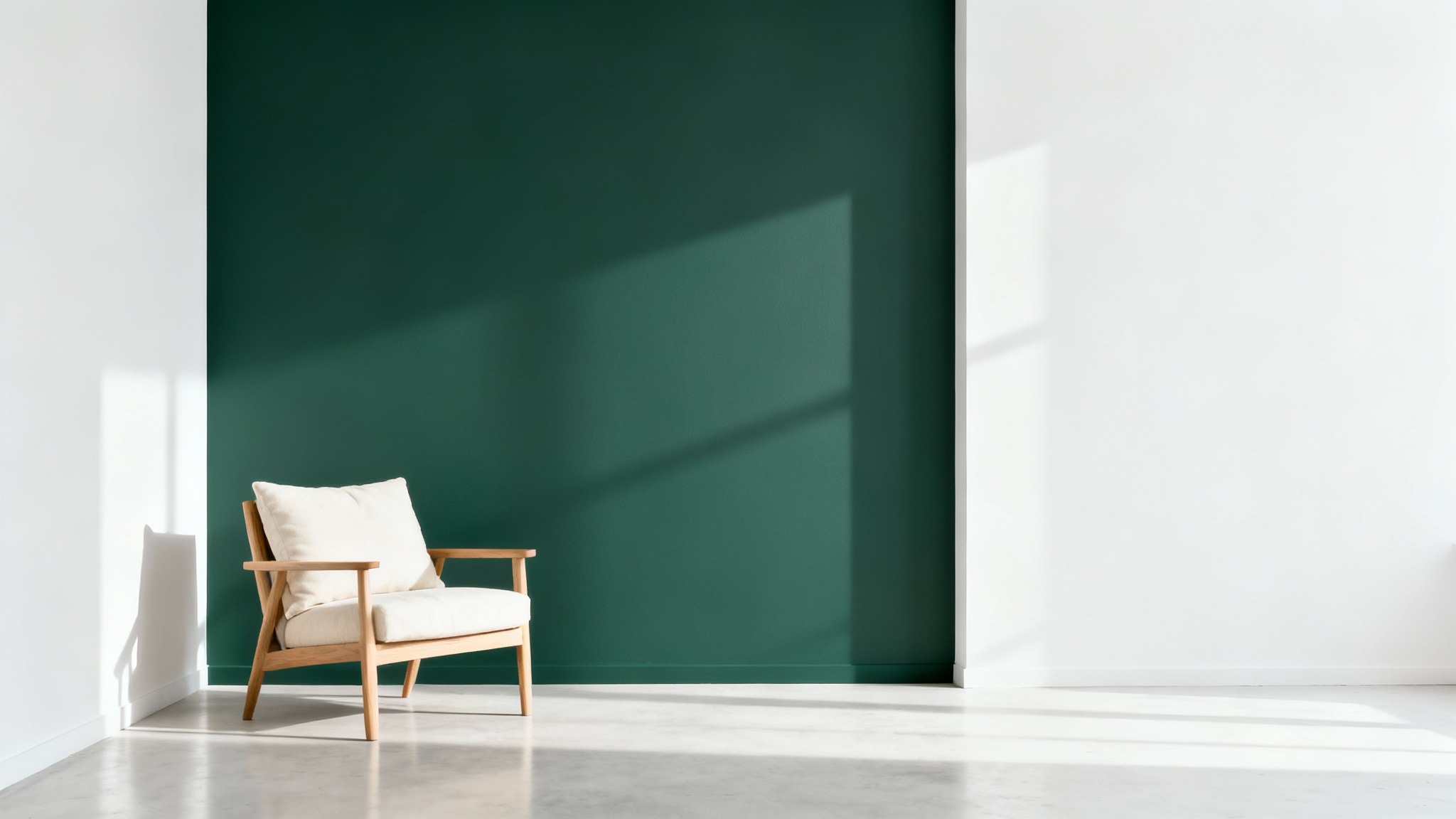 A minimalist room corner with a freshly painted deep sage green accent wall, complemented by a simple wooden armchair, shown against a clean white background.