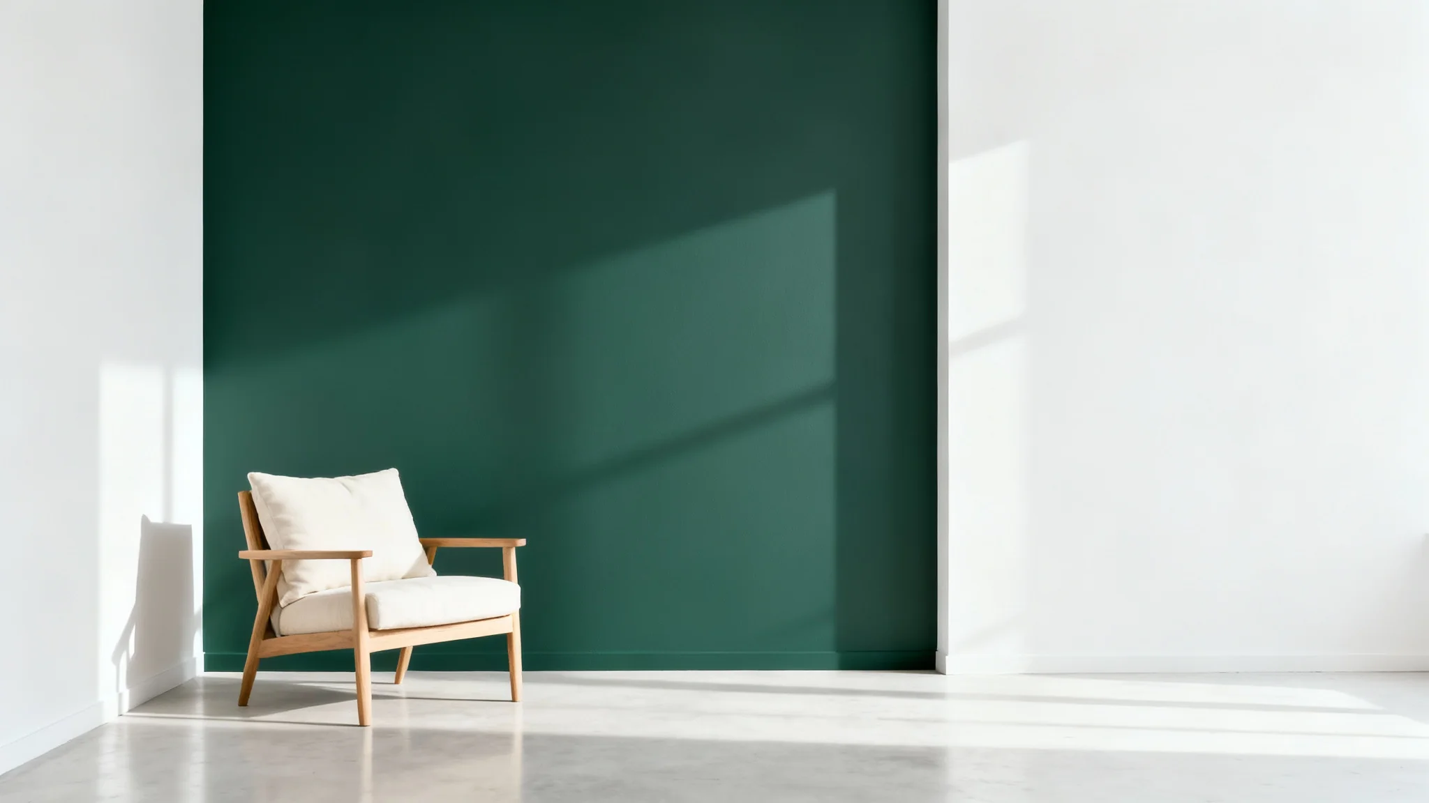 A minimalist room corner with a freshly painted deep sage green accent wall, complemented by a simple wooden armchair, shown against a clean white background.