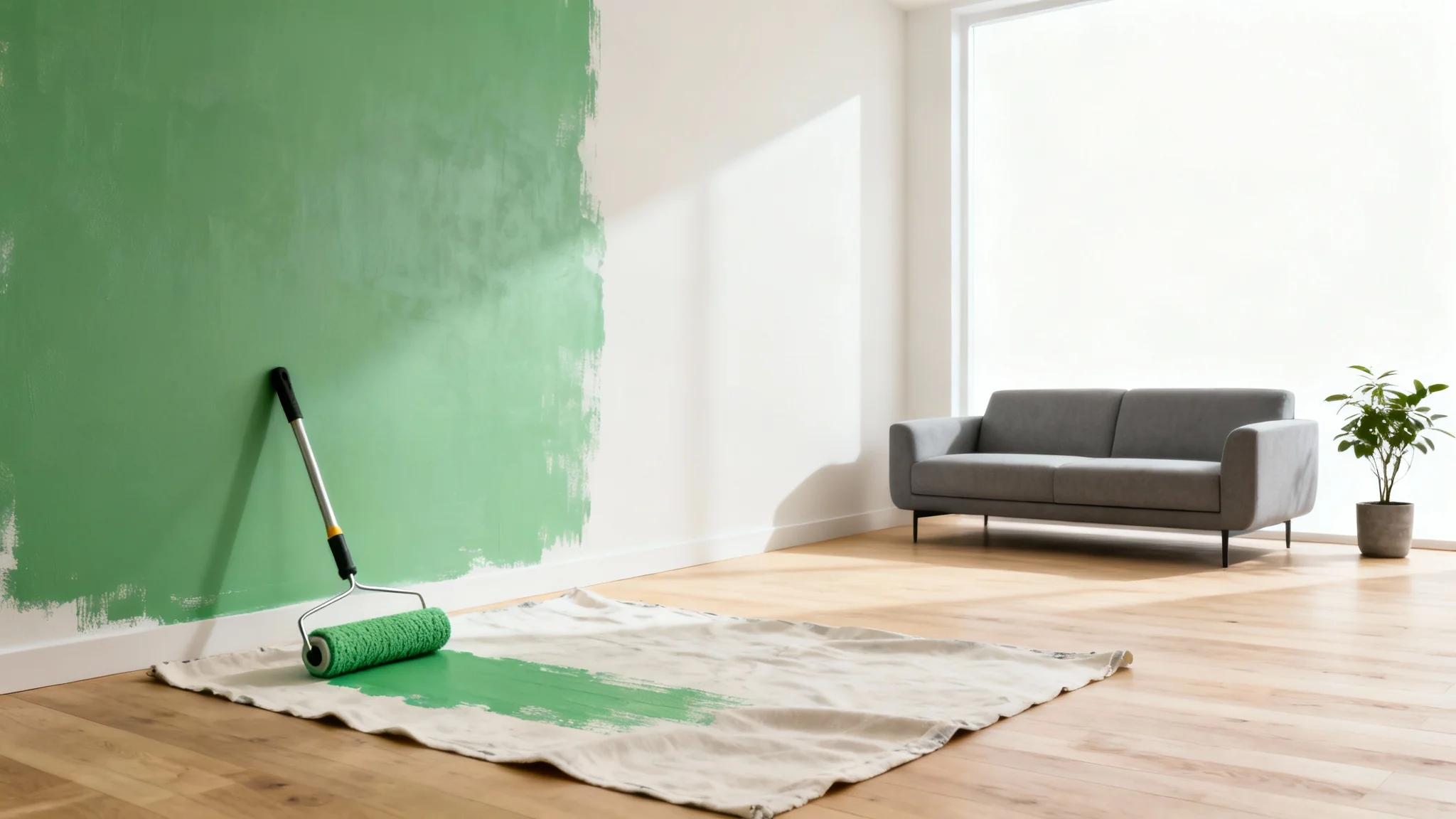 A modern living room with one wall half-painted in sage green, showing a dramatic color transformation next to the original off-white color. A paint roller rests on a drop cloth below.