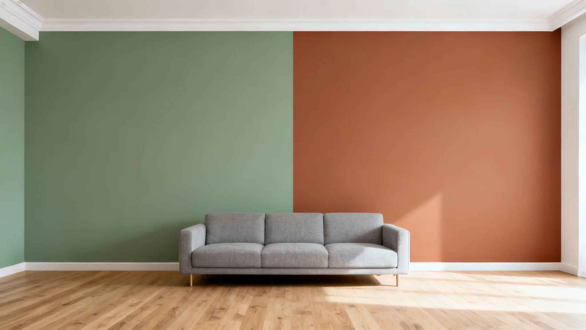 A modern living room visualizing two different paint color options, with one wall split between sage green and warm terracotta.