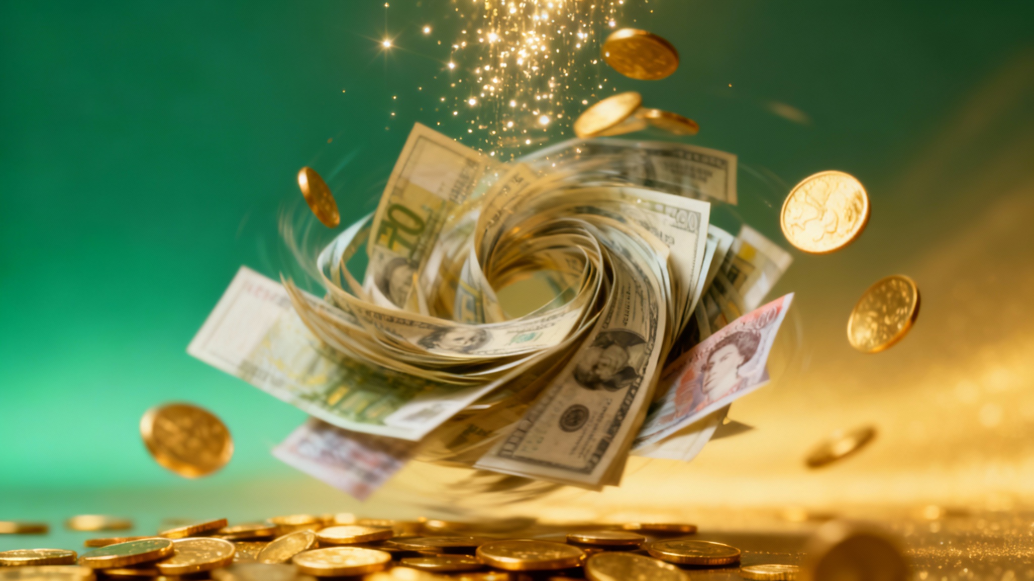 A dynamic hero image showing a frozen moment of an animated money background, with colorful banknotes from various currencies swirling against a green and gold gradient, accented by falling coins and sparkles.