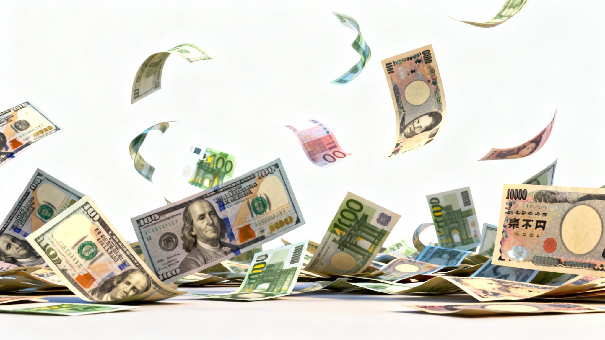 A vibrant, photorealistic image of various international currency notes frozen in mid-air as they fall, simulating an animated money background against a clean white backdrop.