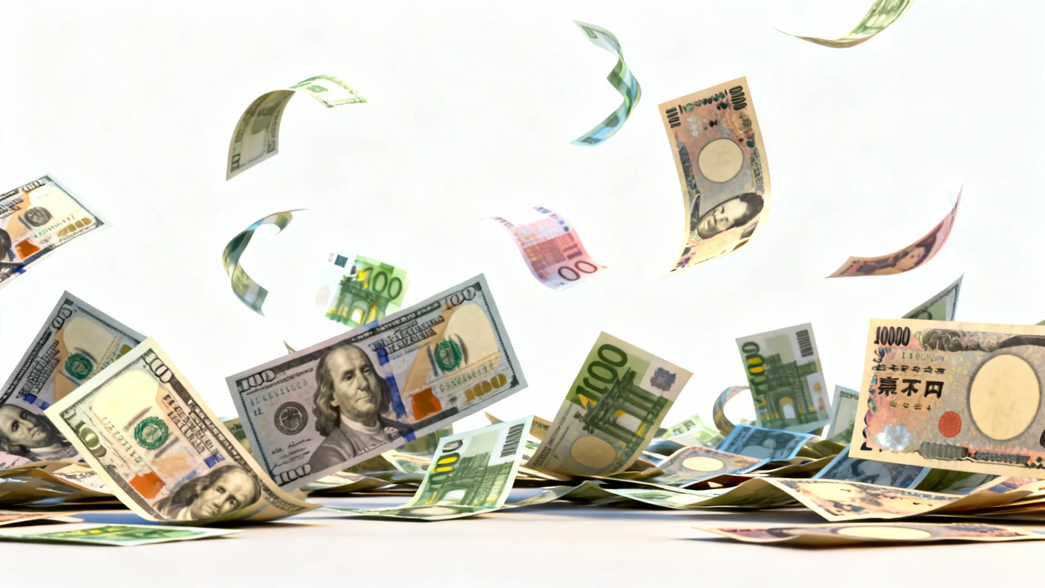A vibrant, photorealistic image of various international currency notes frozen in mid-air as they fall, simulating an animated money background against a clean white backdrop.