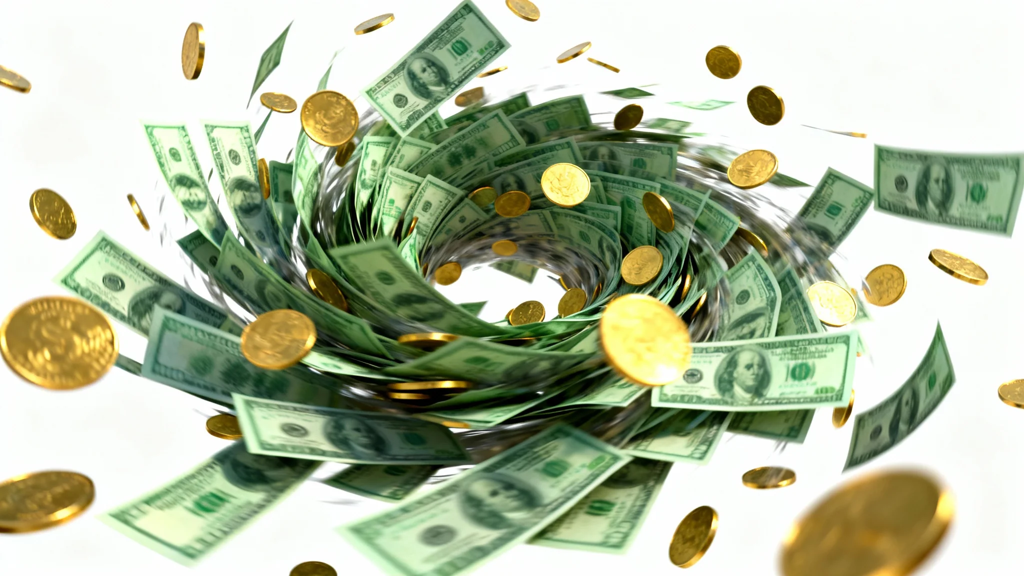 A visually dynamic 3D rendering of a spiral of green banknotes and gold coins frozen mid-motion, representing an animated money background.