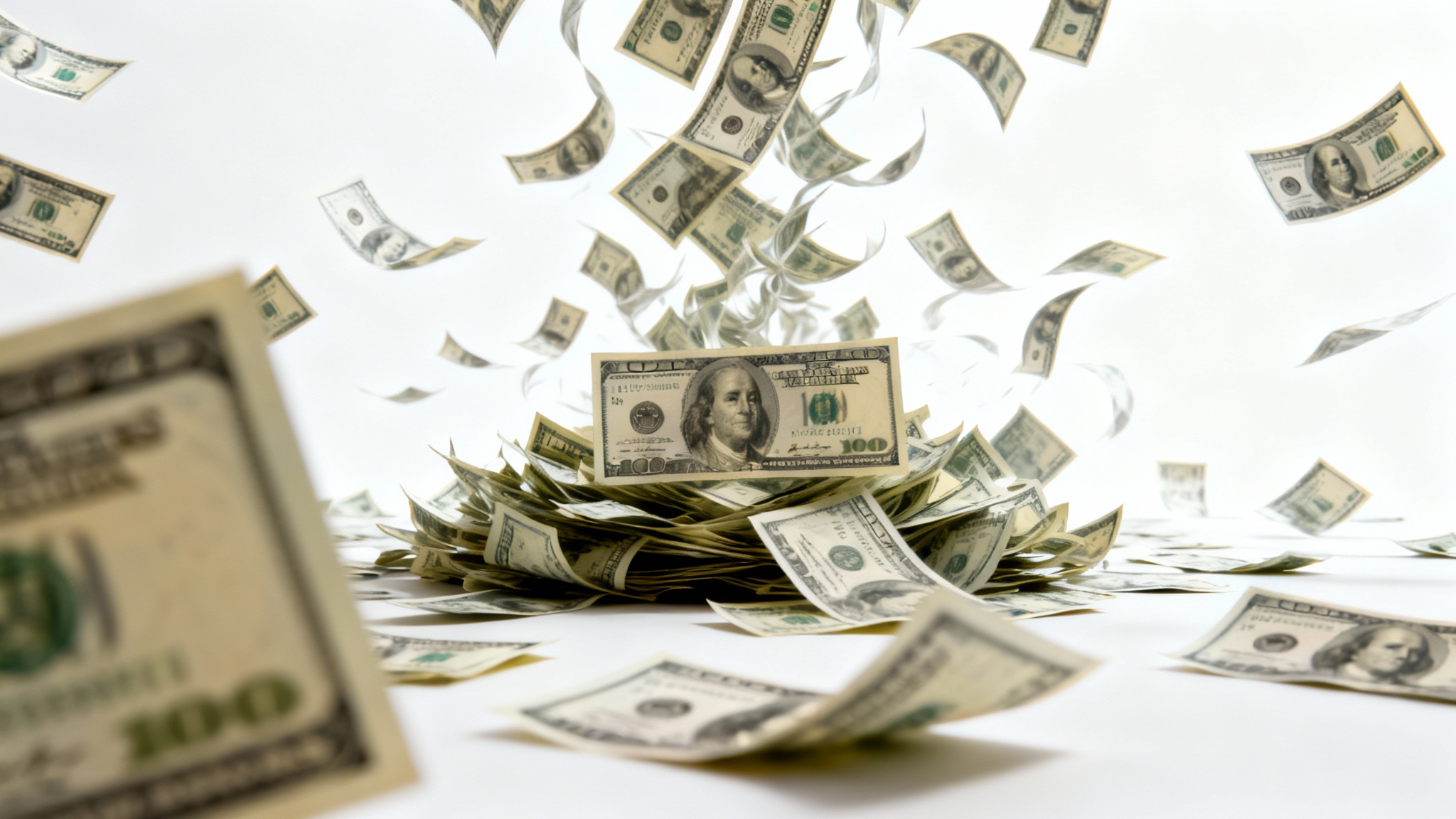A photorealistic image of US dollar bills captured mid-air as they fall and swirl against a clean white background, conveying a sense of motion and wealth.