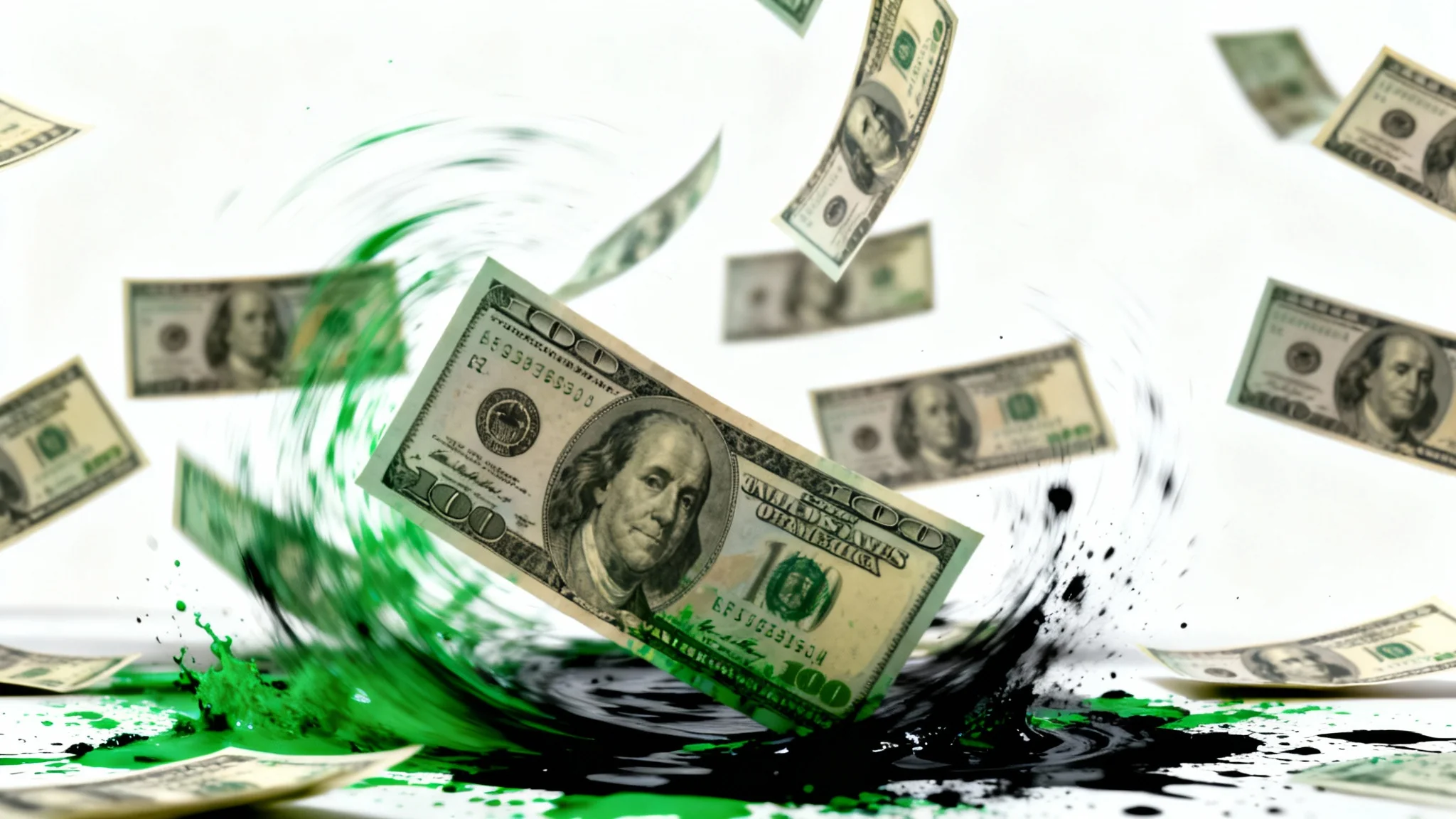 A dynamic image of numerous US one-hundred dollar bills raining down against a clean white background, creating a sense of wealth and abundance.