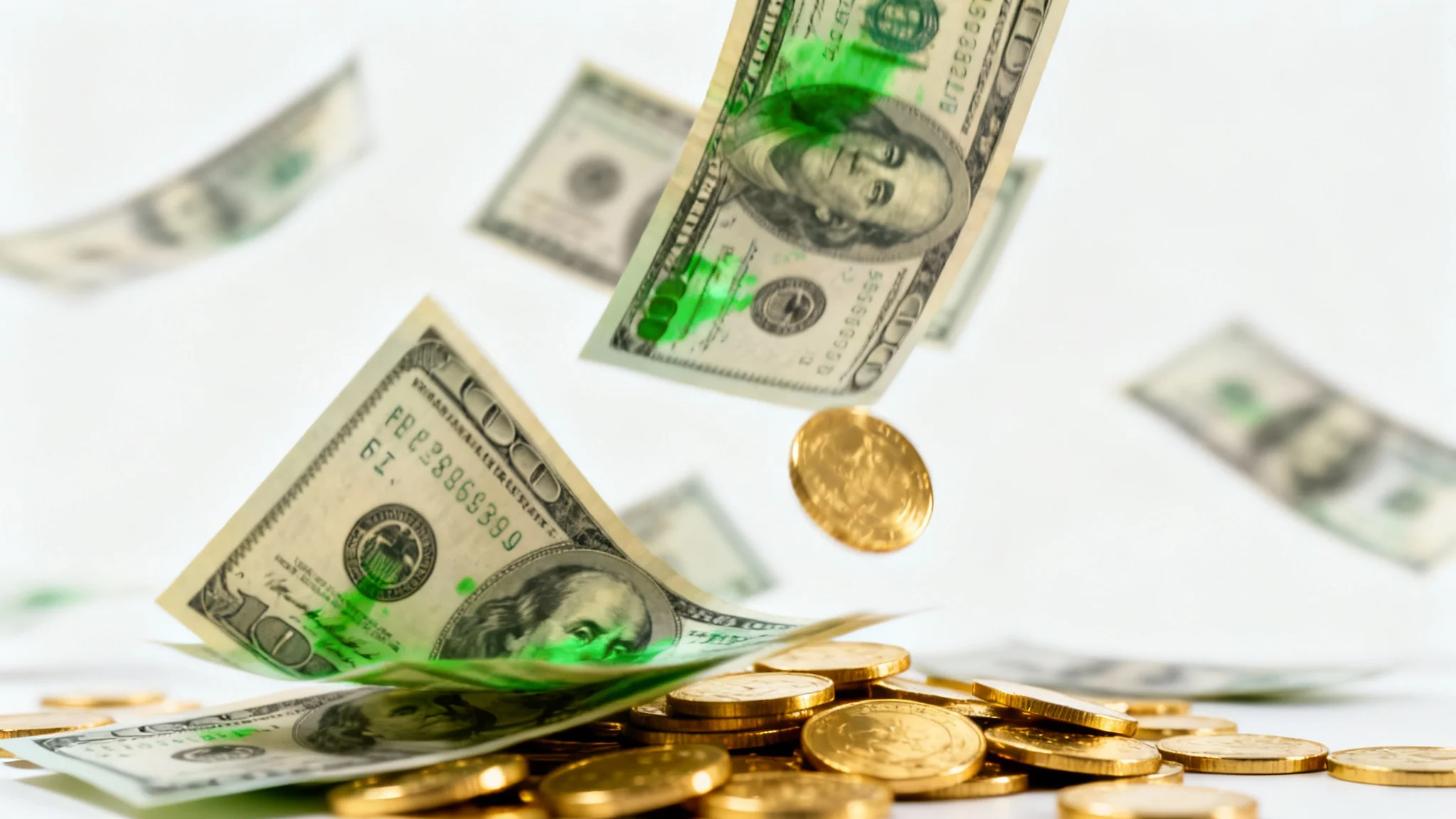 A photorealistic image showing a cascade of US dollar bills and gold coins falling against a stark white background, creating a sense of an animated money effect.