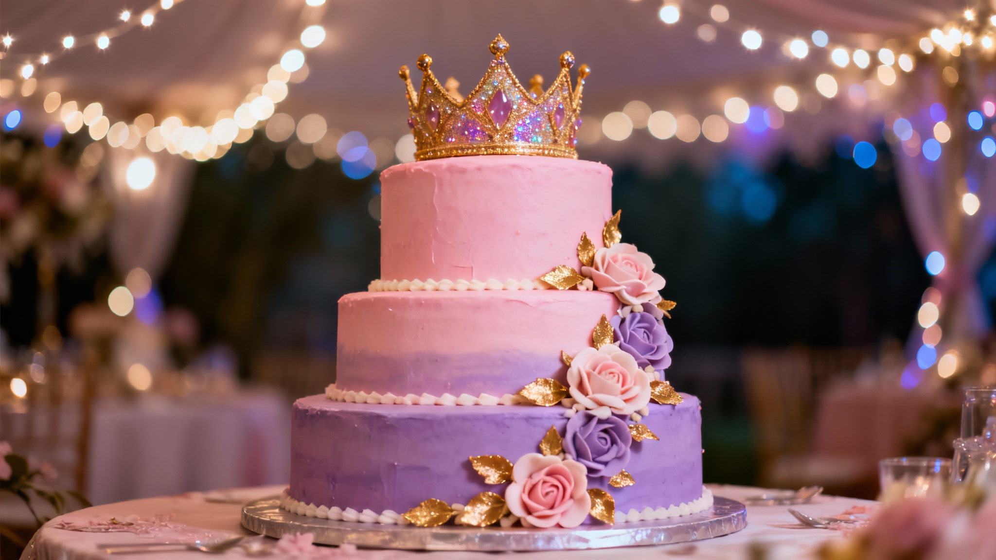 An eye-catching, multi-tiered princess cake with pastel pink and lavender frosting, topped with a sparkling gold edible crown, set against a magical background of twinkling lights.