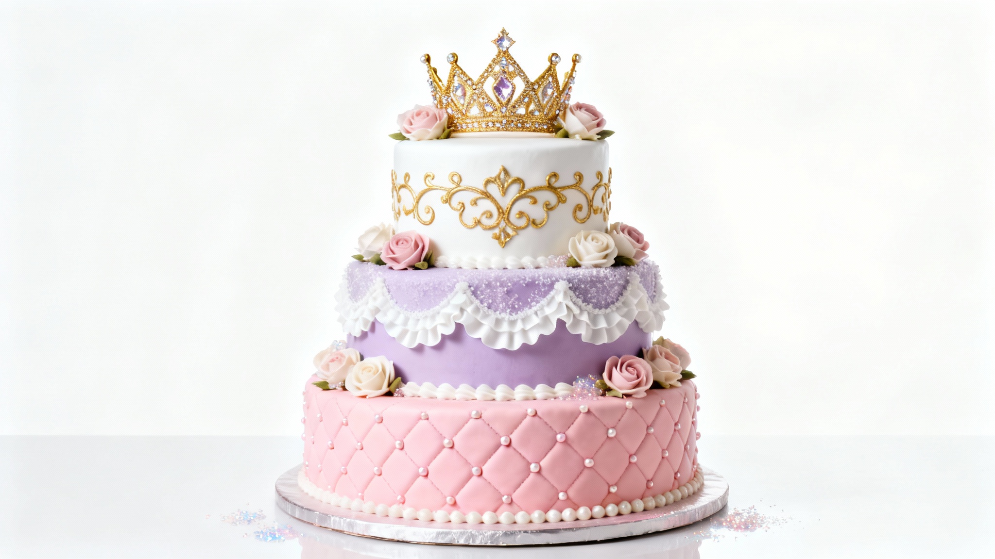 A beautiful three-tiered princess-themed cake with pink, lavender, and white layers, decorated with a gold tiara, sugar flowers, and edible pearls on a clean white background.