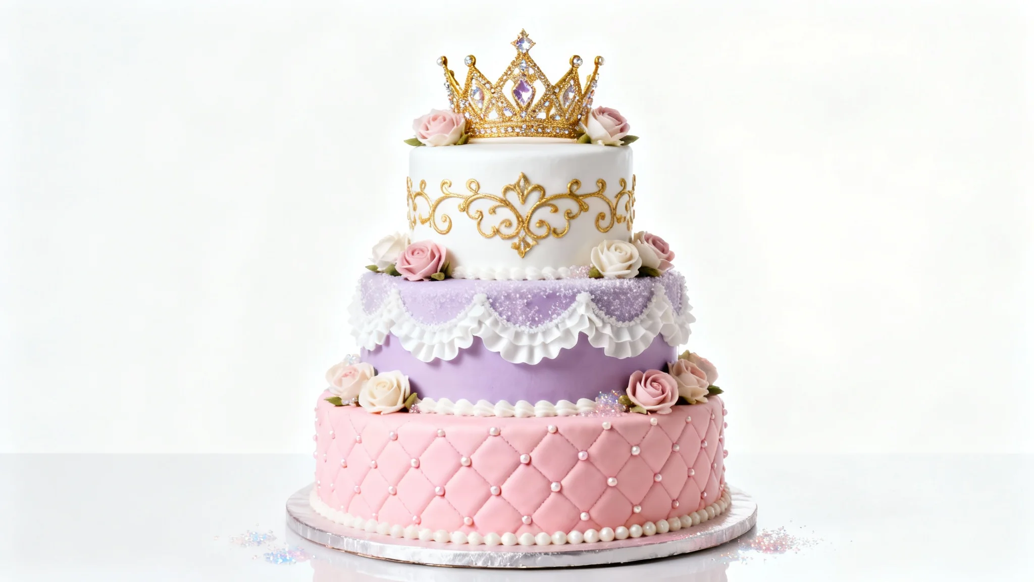 A beautiful three-tiered princess-themed cake with pink, lavender, and white layers, decorated with a gold tiara, sugar flowers, and edible pearls on a clean white background.